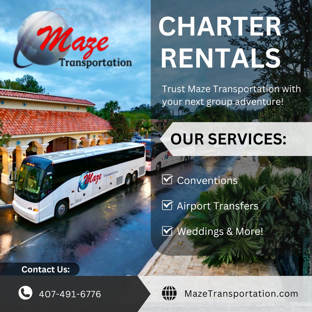 🚍✨ Ready to turn group travel into a stress-free, fun experience? Maze Transportation has you covered! From airport transfers to weddings, sporting events to school trips — we do it all with comfort, style, and reliability.
✅ Spacious 57-passenger coaches with reclining seats, A/C, on-board entertainment, panoramic windows and more. 
✅ Professional, experienced drivers committed to safety and punctuality. 
✅ Florida-wide service — Orlando, Tampa, Kissimmee, and beyond.
🌴 Planning a group trip? Let’s make it easy. Book your next ride now.
🖱️ Visit: mazetransportation.com
📞 Call: (407) 491-6776
#MazeTransportation #FloridaTravel #CharterBus #GroupTravel #Orlando #Tampa #Kissimmee #SafeTravel #BusLife #TravelFlorida
