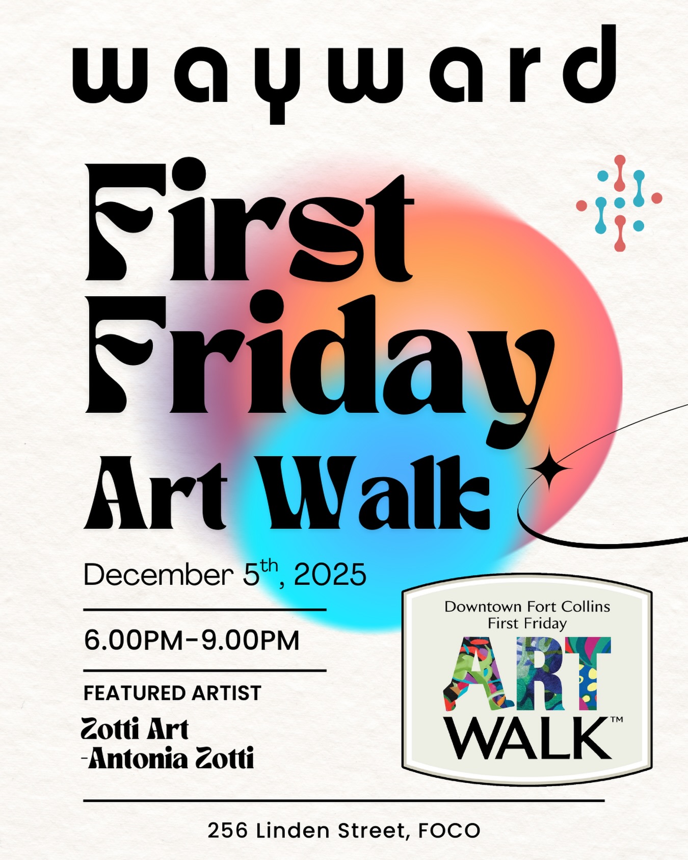 ❄️First Friday is almost here!✨
The Downtown Fort Collins Art Walk is this Friday, December 5th, from 6-9PM.
This month’s featured artist is our very own @zottiart02
— come see her work, sip, shop, and enjoy the holiday magic of Linden Street this Friday night!
📍256 Linden Street, FOCO