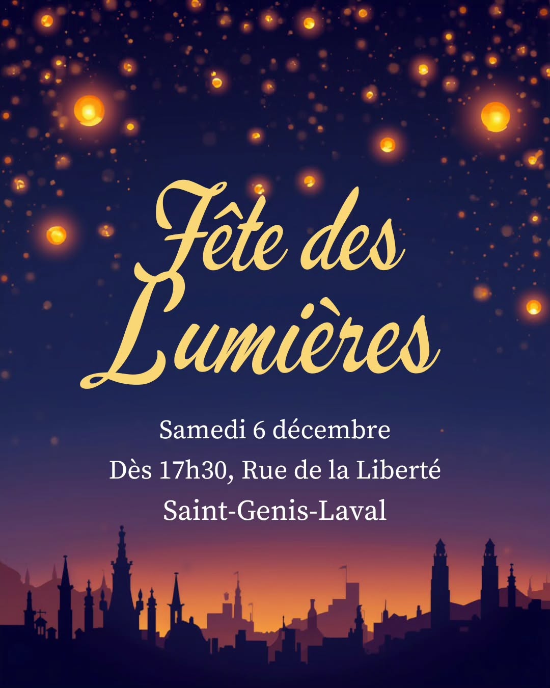 🎉 Passez nous voir sur notre stand lors de la fête des lumières ! ✨️
📆 - Samedi 6 décembre - 17h30 à 21h30
📍 - Rue de la Liberté, Saint-Genis-Laval
Les Foulées de Beauregard vous proposeront soupe de courge et/où croque-monsieurs pour se réchauffer 😋
Déambulation de la joëlette avec Sixtine à partir 19h15 au travers des illuminations, avec chorée et musique 🕺
#LesFouléesDeBeauregard #FeteDesLumieres #SaintGenisLaval #CourseAPied #Trail #SportEtSolidarité #Convivialité #Rencontre #VieLocale