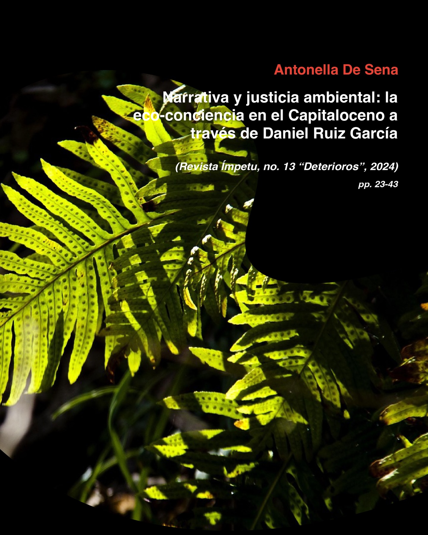 La sección de Investigación de este número 13 #DETERIOROS es protagonizada por los trabajos de Antonella De Sena y Paul Montjoy Forti. 📖
📕 Antonella De Sena
Università di Napoli L’Orientale
“Narrativa y justicia ambiental: la eco-conciencia en el Capitaloceno a través de El Calentamiento Global de Daniel Ruiz García”, pp. 23-43.
“En las décadas de 1960 y 1970, España experimentó una importante transición hacia la democracia, acompañada de una creciente conciencia ecológica y de movimientos sociales que ponían de relieve las injusticias medioambientales y sociales. Este artículo pretende explorar cómo la literatura, en particular a través de novelas como 𝘌𝘭 𝘊𝘢𝘭𝘦𝘯𝘵𝘢𝘮𝘪𝘦𝘯𝘵𝘰 𝘎𝘭𝘰𝘣𝘢𝘭 (2019) de Daniel Ruiz García, contribuyó a conformar esta conciencia ecológica, abordando las interconexiones entre capitalismo extractivo, desigualdades sociales y crisis medioambiental.”
📗 Paul Montjoy Forti
Rutgers University, New Brunswick
“De la ciudad utópica a la ciudad distópica en Primera muerte de María de Jorge Eduardo Eielson”, pp. 44-62.
“Poco estudiada ha sido la narrativa del poeta Jorge Eduardo Eielson, uno de los principales poetas peruanos de la Generación del 50. El autor escribió dos novelas (𝘌𝘭 𝘤𝘶𝘦𝘳𝘱𝘰 𝘥𝘦 𝘎𝘪𝘶𝘭𝘪𝘢-𝘯𝘰 y 𝘗𝘳𝘪𝘮𝘦𝘳𝘢 𝘮𝘶𝘦𝘳𝘵𝘦 𝘥𝘦 𝘔𝘢𝘳í𝘢) que pocas veces se han reeditado y no se han analizado académicamente, salvo de manera muy general y en conjunto con sus demás escritos. Este trabajo analiza la novela 𝘗𝘳𝘪𝘮𝘦𝘳𝘢 𝘮𝘶𝘦𝘳𝘵𝘦 𝘥𝘦 𝘔𝘢𝘳í𝘢, publicada en la década de los ochenta, desde la perspectiva de la construcción narrativa de la ciudad de Lima.”
Muchas gracias a ambos por su trabajo e inestimable colaboración.
Podéis leer los trabajos de investigación completos a través del enlace de nuestra bio o en nuestra página web 🚀 www.revistaimpetu.org
#RevistaIMPETU #LiteraturaEspañola #literatura #arteespañol #revistadeliteratura #ecoconciencia #eduardoeielson