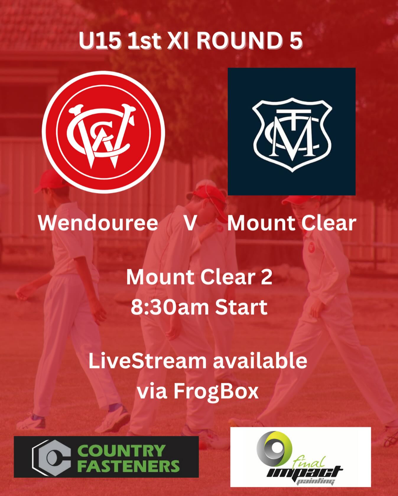 Our u15 1st XI Red team will be live streamed this morning via the FrogBox thanks to Mount Clear!
Link below:
https://www.youtube.com/live/KLLOKs7XJZI?feature=shared