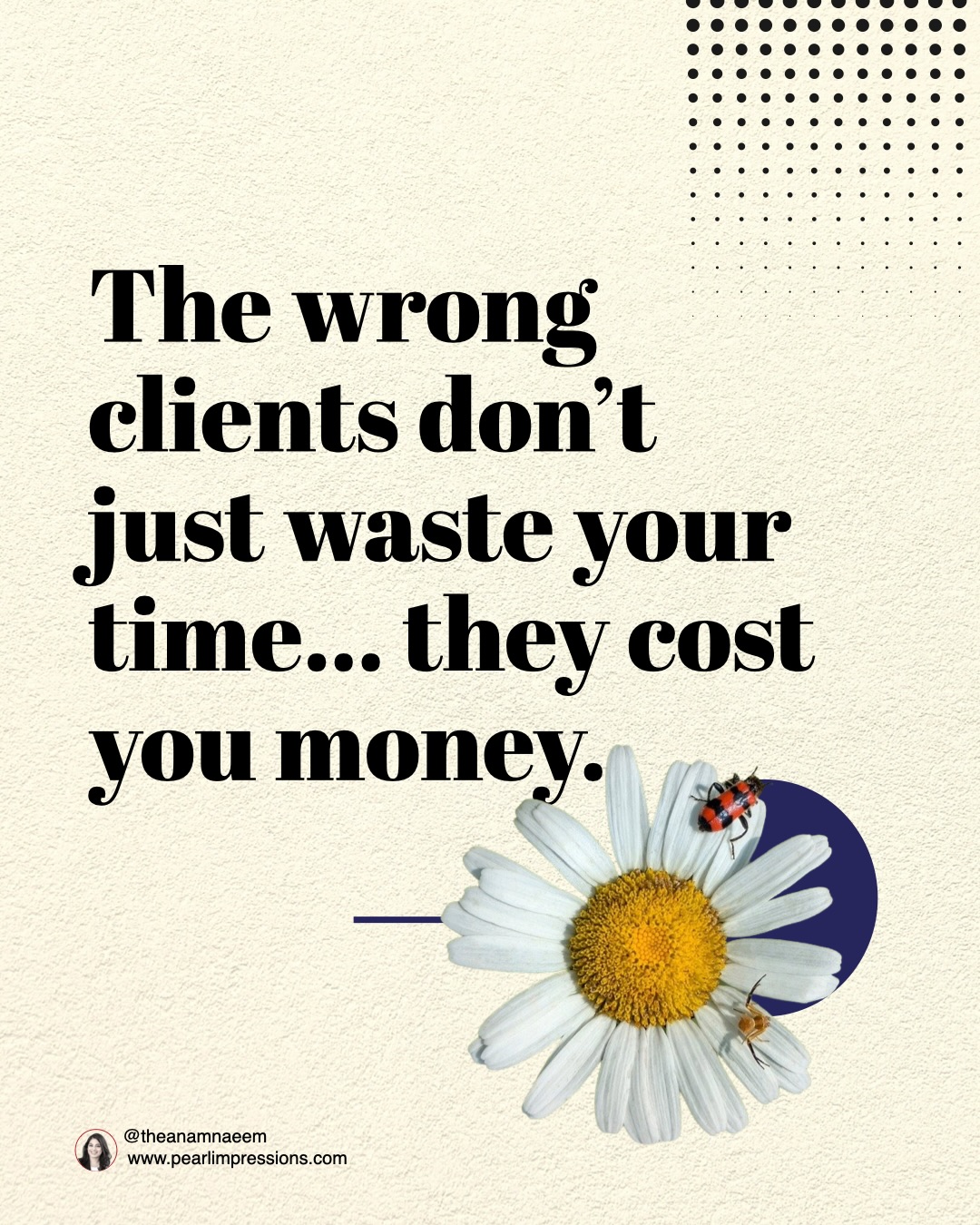 The wrong clients don’t just waste your time — they drain your energy, your confidence, and your profit.
Every time you say yes to someone who isn’t aligned, you’re silently saying no to the clients who are.
Branding isn’t about pretty visuals or perfect feeds — it’s about creating a filter that attracts the right people and repels the wrong ones.
If you’ve ever wondered why you keep attracting clients who drain you, it’s time to fix the root: your brand positioning.
💌 DM me “CLIENTS” and I’ll send you my free mini workbook that helps you stop attracting the wrong clients.
#theanamnaeem #personalbrandingonline #personalbrandcoach #brandidentitycoach #idealclientstrategy