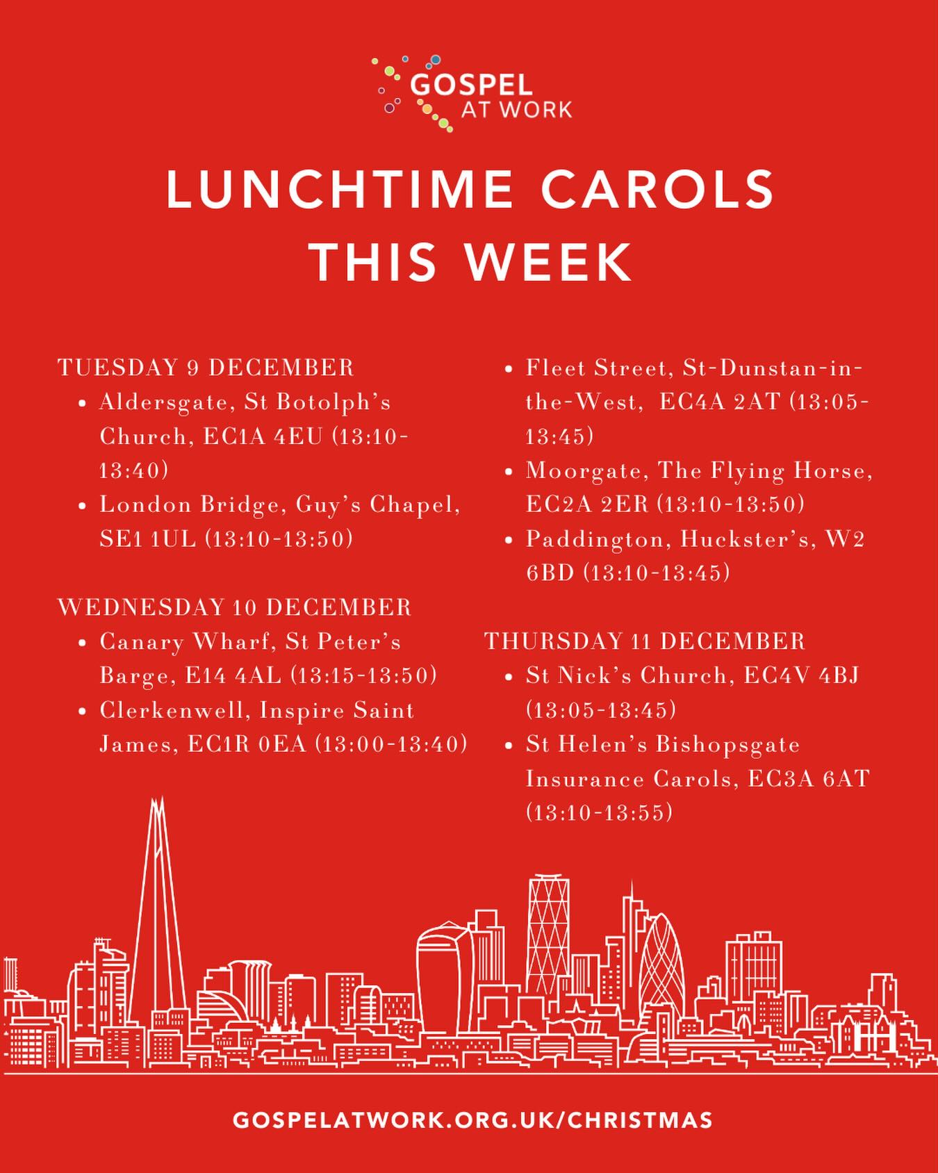 Lunchtime carol services for workers: this week at a glance.
All our services are free, and feature traditional carols, a short talk from the Bible about the meaning of Christmas, and festive refreshments.
š Tuesday
š Aldersgate, St Botolphās Church, EC1A 4EU (13:10-13:40): aldersgatetalks.org
š London Bridge, Guyās Chapel, SE1 1UL (13:10-13:50): londonbridgetalks.org
š Wednesday
š Canary Wharf, St Peterās Barge, E14 4AL (13:15-13:50): stpetersbarge.org
š Clerkenwell, Inspire Saint James, EC1R 0EA (13:00-13:40): https://lnkd.in/eacP8BRG
š Fleet Street, St-Dunstan-in-the-West, EC4A 2AT (13:05-13:45): fleetstreettalks.org
š Moorgate, The Flying Horse, EC2A 2ER (13:10-13:50): moorgatetalks.org
š Paddington, Hucksterās, W2 6BD (13:10-13:45): thepaddingtontalks.org
š Thursday
š St Nickās Church, EC4V 4BJ (13:05-13:45): stnickstalks.org
š St Helenās Bishopsgate Insurance Carols, EC3A 6AT (13:10-13:55): st-helens.org.uk/christmas
#christmas #carols #london #christianity