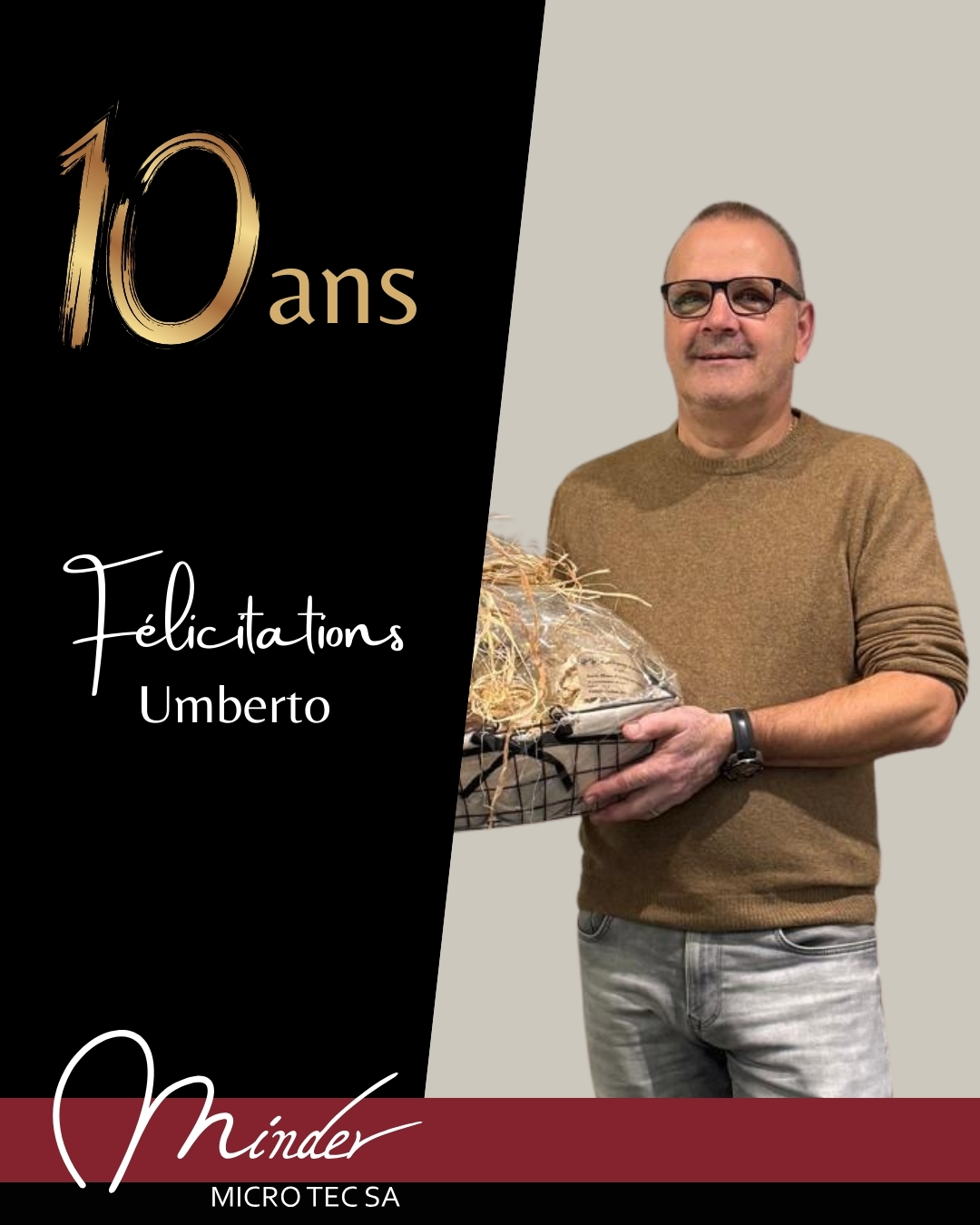 Umberto célèbre ses 10 années au sein de Minder Micro Tec SA 🎉
Toutes nos félicitations pour ton engagement et ton excellent travail 👏 Merci pour ta fidélité et ta passion au quotidien. Nous sommes heureux et fiers de te compter parmi nous 🙌
#mindermicrotec #teamminder #jubilaire
