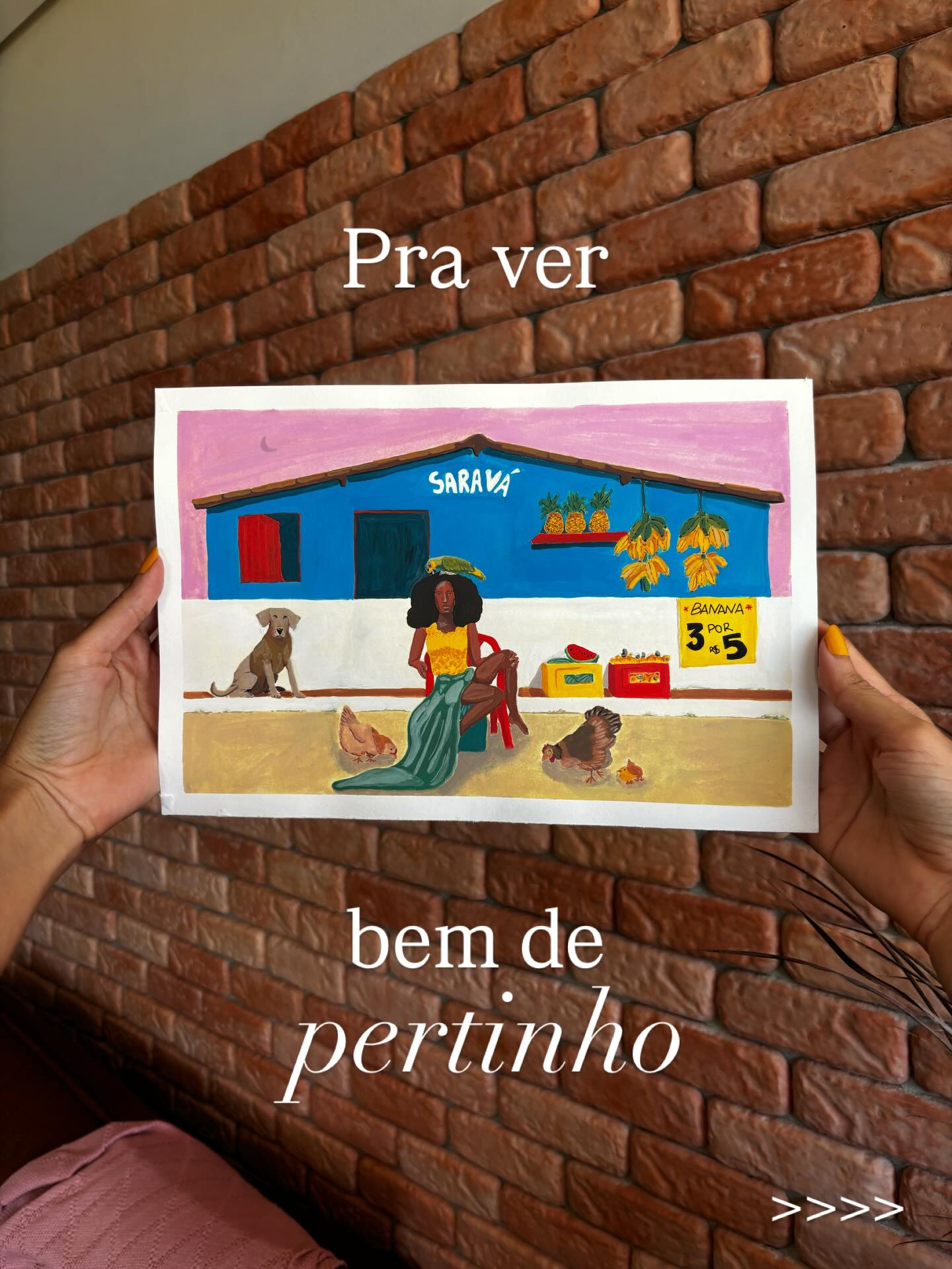 Eu tô apaixonadinha por cada detalhe dessa pintura. Mas amo mesmo olhar de longe e ficar chocada com essa composição, cores e os detalhes bem pequenininhos que jurei que borraria, intactos. Eu acho o mundo lindo e misterioso, mesmo nas suas cenas mais comuns, e essa pintura traduziu bem isso. Salve as coisas difíceis que a gente tem coragem de fazer!
—
“Saravá”
✸ Pintura em Guache
✸ Disponível em Impressão FineArt.