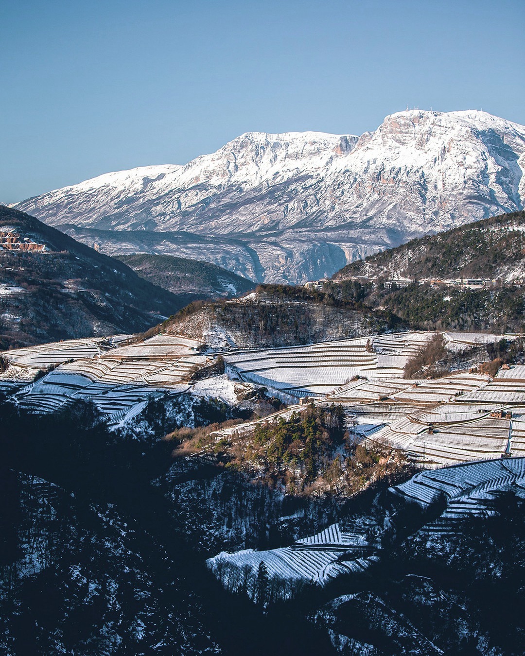 Val di Cembra in inverno: i vigneti terrazzati, scolpiti nella pendenza della montagna, evidenziano la loro geometria essenziale durante il periodo di riposo vegetativo.
Le parcelle, esposte a diverse inclinazioni e altitudini, mostrano la complessità della viticoltura eroica di questa valle, dove ogni filare segue l’orografia del terreno e prepara le condizioni per la qualità della prossima annata.