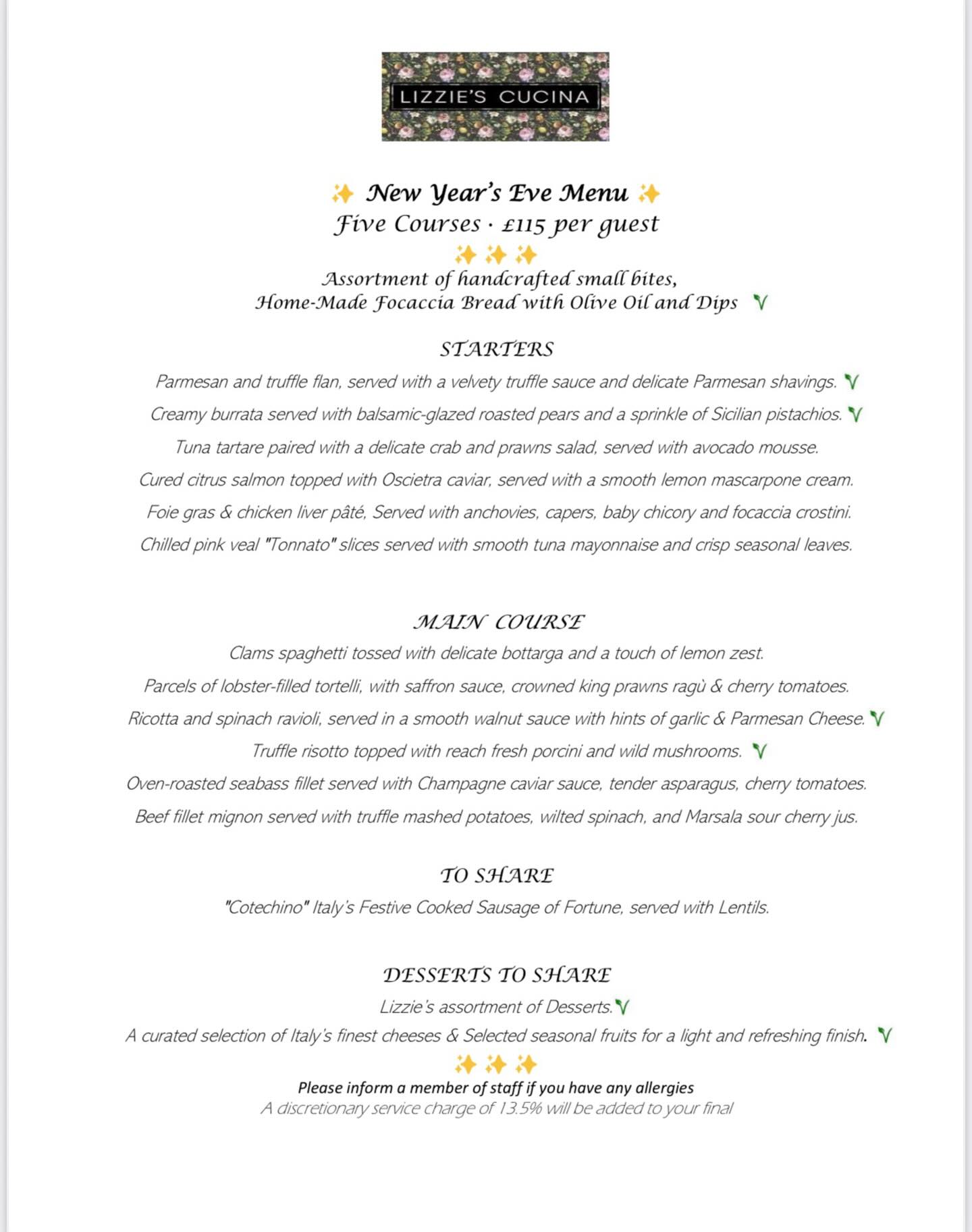 Our New Years Eve menu #follow #northlondon #northlondonrestaurants #mysecretlondon #toplondonrestaurant #bestitalianrestaurant #eatoutlondon #family #smallbusiness #christmas #supportlocalbusiness #michellin #londonguide #londonfoodguide #londonhiddengem #finest #art #partylondon #photooftheday #photography #hellonorthlondon #bbcfood #italianfood #love #instagood #fashion #beautiful
#timeoutlondon timeout #infatuationlondon #finest #partylondon #hellonorthlondon #bbcfood #italianfood #follow @lizzies_cucina