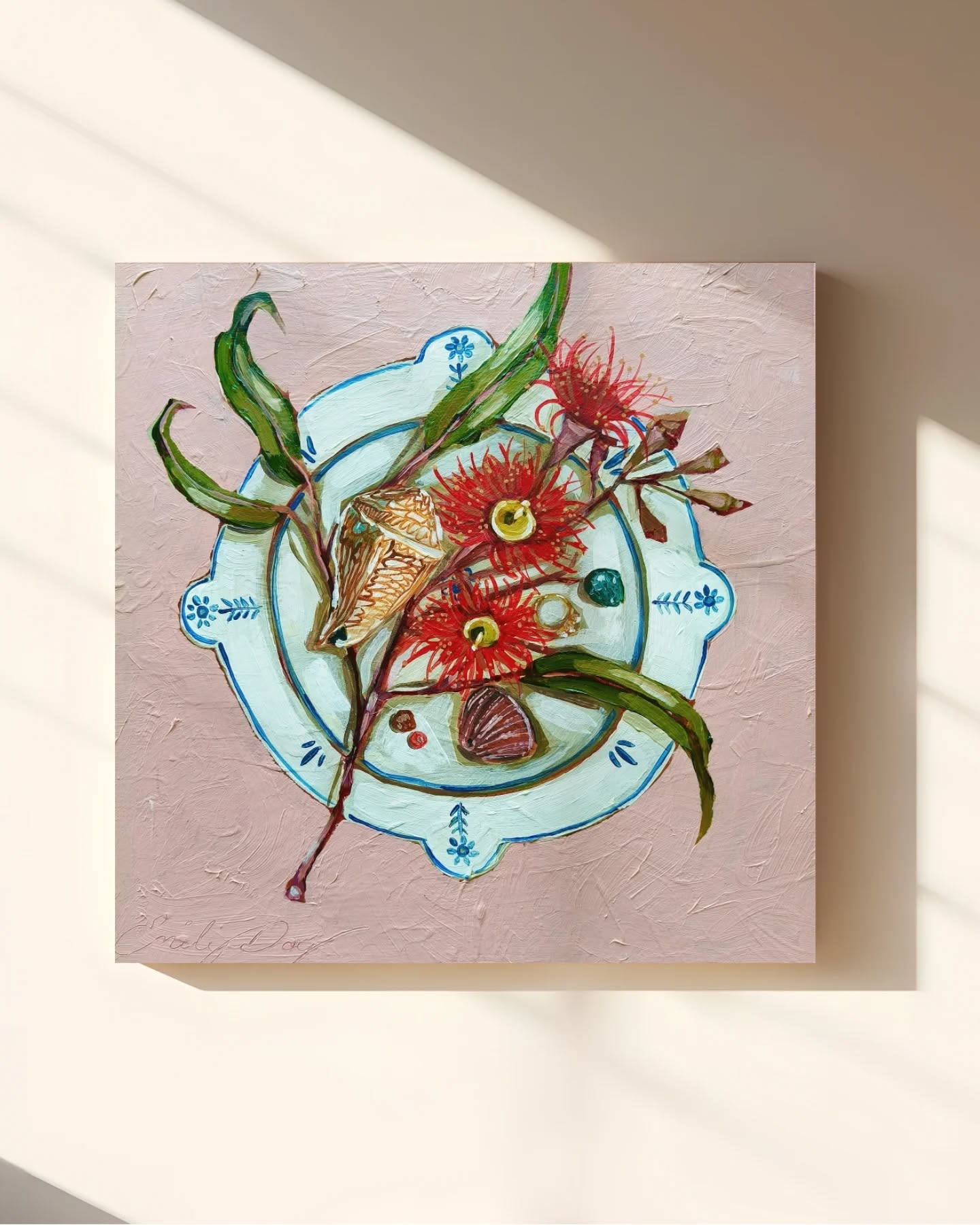 "Collectors Edition" is a subtle nod to the practice of collecting limited edition plates, particularly blue & white pottery.
This year, I've been exploring blue & white pottery forms, creating my own designs in my paintings. Additionally, because I have young children, I often place the small treasures they find throughout their day into bowls and plates around our home.
In this painting, I have intentionally paired this fabricated 'limited edition' plate and little treasures of shells, stones, florals, beads and jewellery. I believe special objects should be celebrated in simple rituals.
This piece will be hanging in TENFOLD, the end of year exhibition at @thesidegallery in Brisbane, which opens tomorrow night!
Thank you Leesa & Laura for curating what is set to be a beautiful show
COLLECTORS EDITION
30x30cm acrylic on timber board