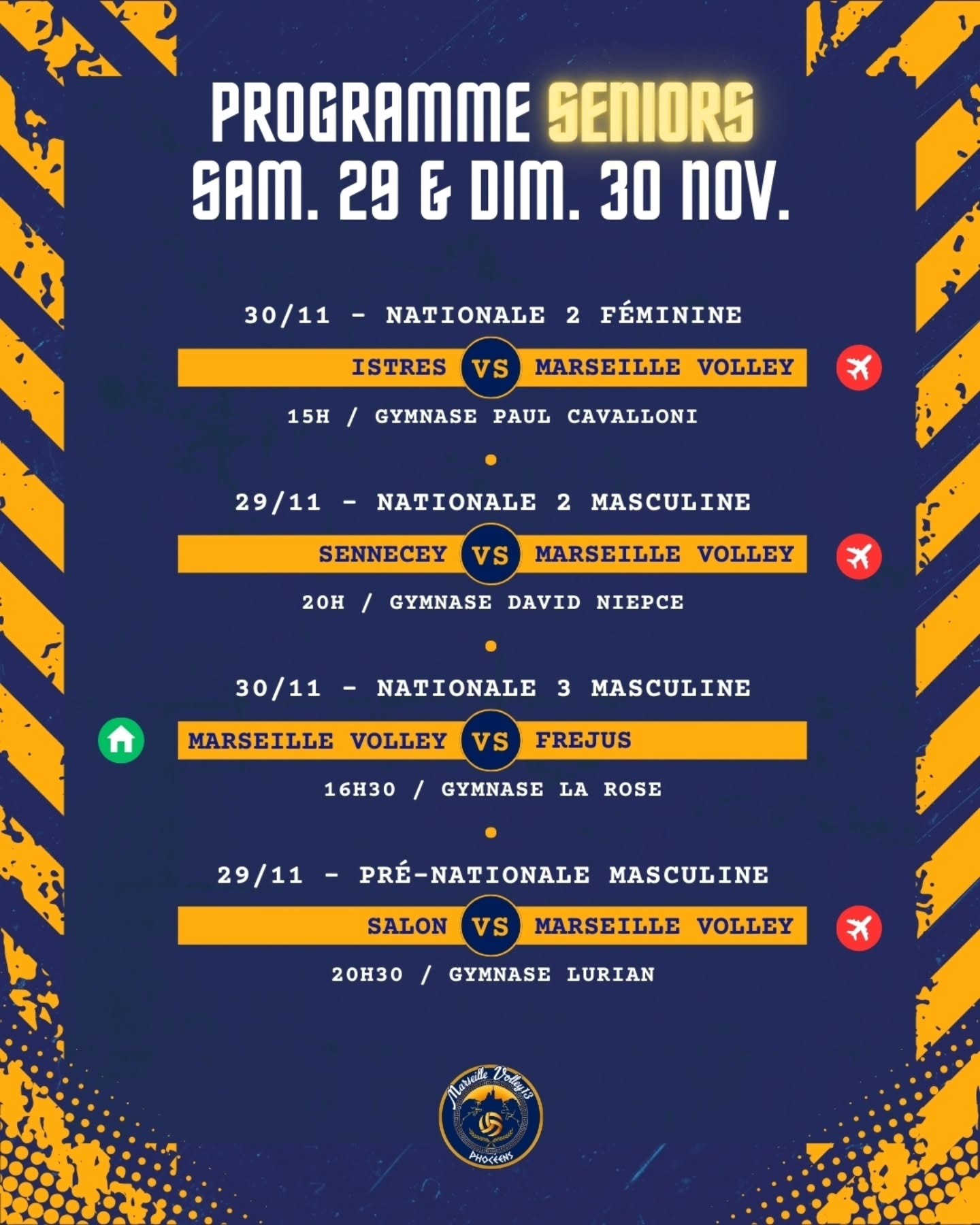 🔥 Programme des Matchs
Nos équipes Seniors & Jeunes sont sur les terrains ce weekend
À domicile ou en déplacement, nos marseillais sont prêts à tout donner 💥🏐
Venez soutenir vos équipes préférées !