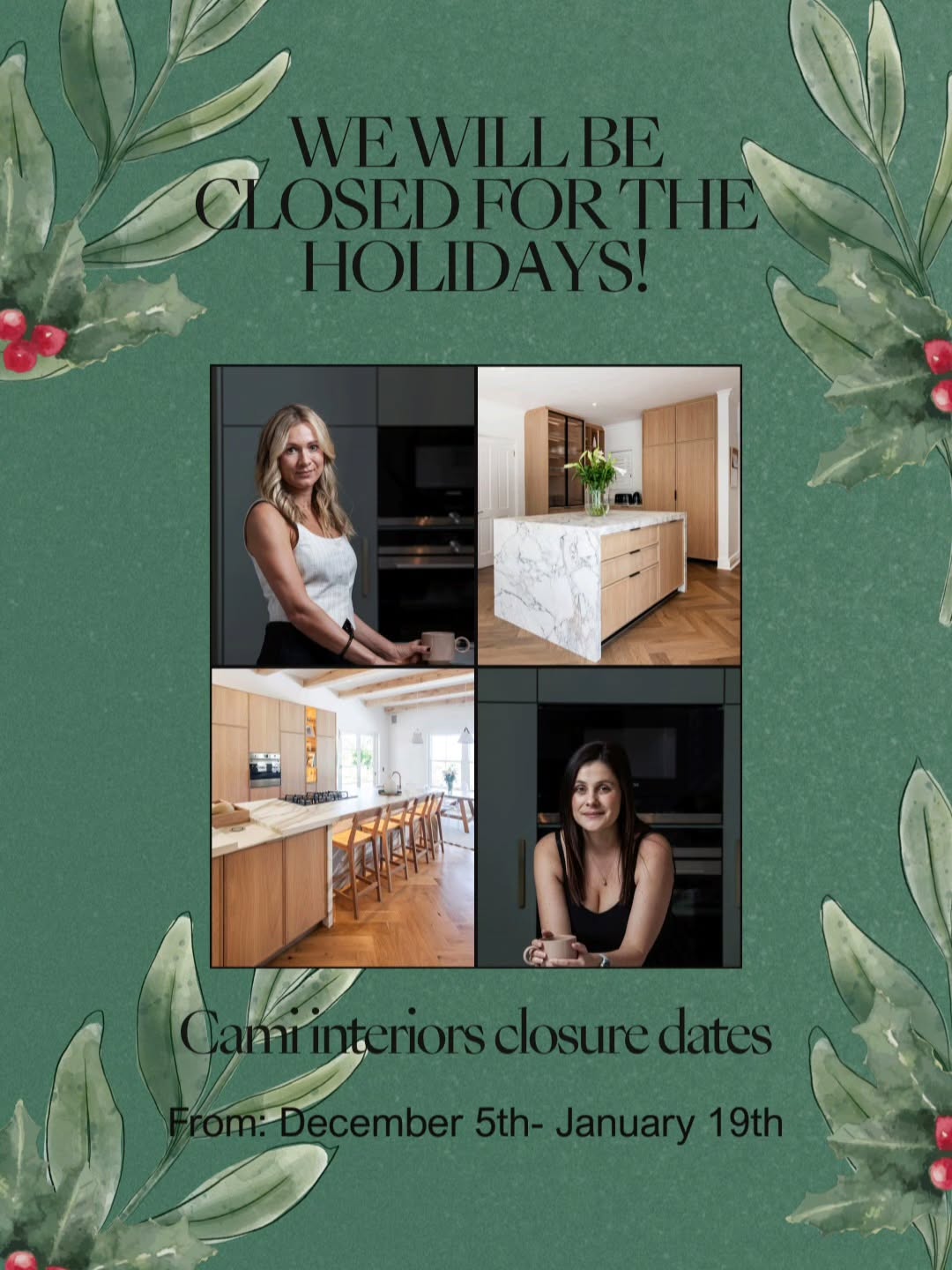 Cami Interiors will be closed for the holidays from December 5th to January 19th.
Thank you for your incredible support throughout the year — we can’t wait to create more beautiful spaces with you in 2026!
Wishing you a warm, joyful festive season. 🎄💫