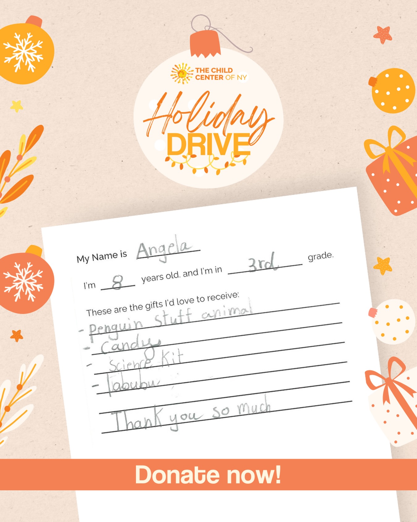 Giving Tuesday is tomorrow! There’s no better time to make a difference for a child who’s counting on a little holiday magic.
Pictured here is Angela’s holiday wish list. She is one of the 14,000+ children The Child Center is working to provide gifts for this season. Your generosity this Giving Tuesday can help make her wishes come true, and bring joy and comfort to children and families across NYC.
Together, we can make the season brighter!
Donate to our Holiday Toy Drive via the link in our bio 🎁