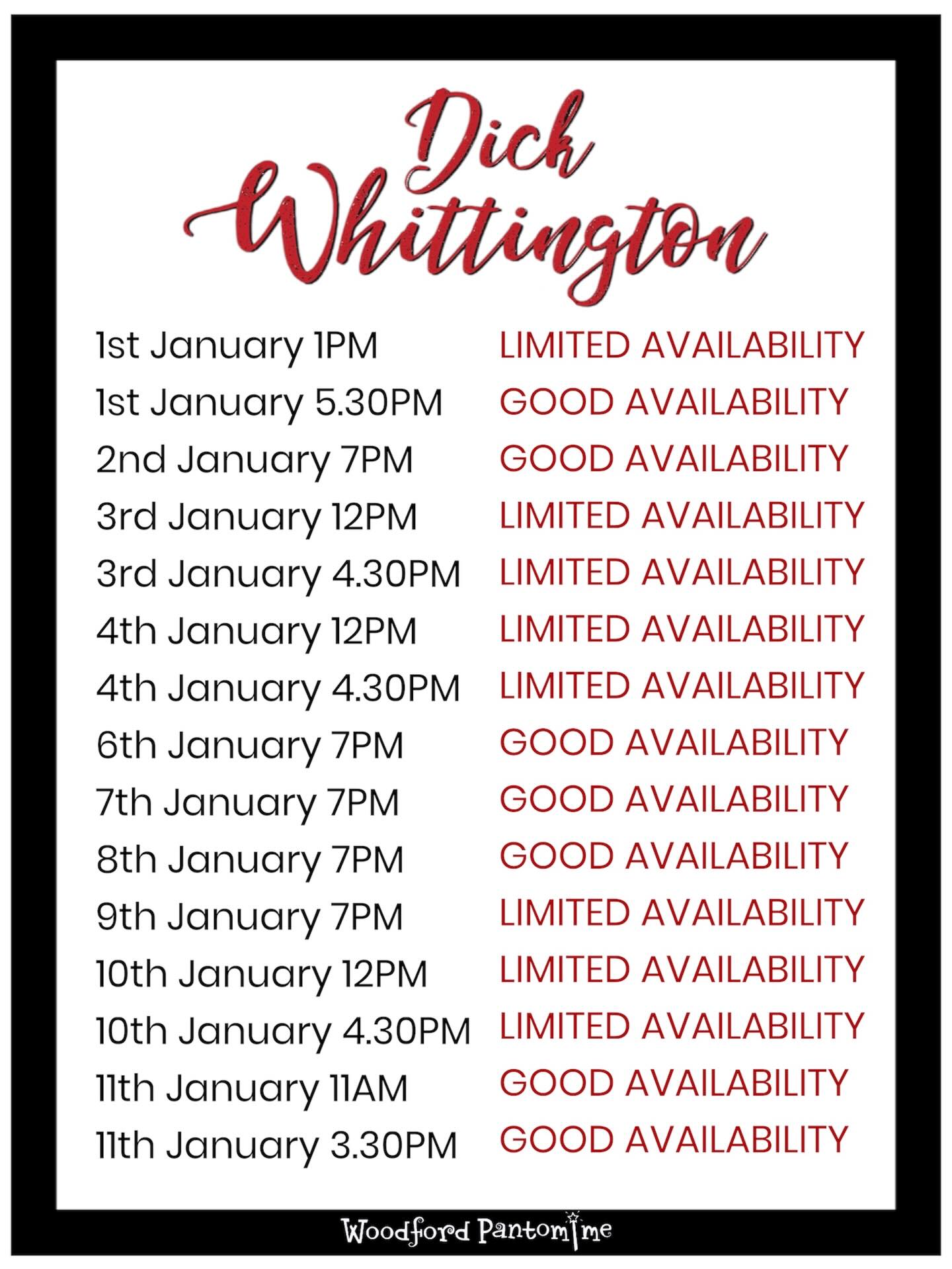 Good availability remains for some performances, but tickets are selling quickly as our opening performance draws closer — secure yours today for a great family experience!
📞07391 222 464
💻 www.woodfordpantomime.co.uk
📧 woodfordpantocommittee@outlook.com