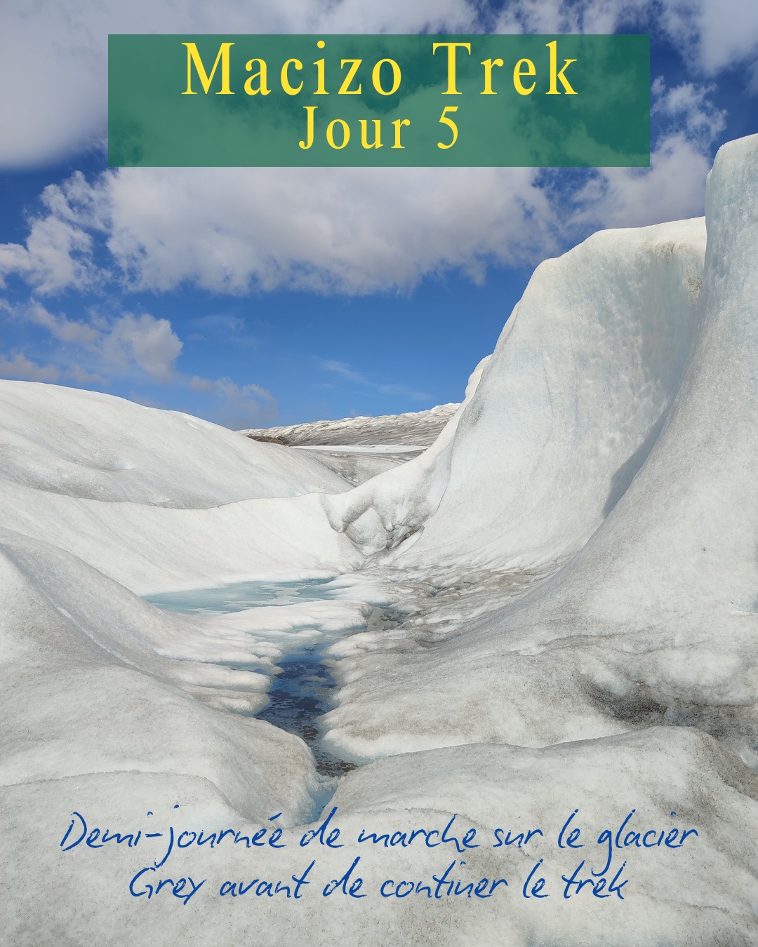 "O" T R E K - P A T A G O N I E
🏔Jour 5: de Grey à Paine Grande en passant par le glacier !
Aujourd'hui c'est marche sur le glacier avec notre guide Toto.🤙
On prend un bateau qui nous amène littéralement au pied du glacier..That's huuge!
👣Allez hop ! On enfile les crampons, le baudrier, le casque et les piolets.
On longe des crevasses, on descend dans une cavité où la glace parait si bleue !
Quand tout à coup .. Un dragon de Patagonie! 🐉
Calmez vous, il n’a pas craché de feu. Et il est tout petit. En faite, c'est un insecte préhistorique redécouvert il y a peu, capable de reprendre vie après avoir gelé et ne se nourrissant que de sédiments.
😮Point culture : Le glacier recule de 2 à 3 cm par jour! Soit environ 50m par an…
Il est temps de rejoindre la terre ferme et de se rendre au campement Paine Grande, 13km plus loin !
#patagonia #trekking #chile #patagonie #trek #femmesactives #chili #glacier #lacsdemontagne