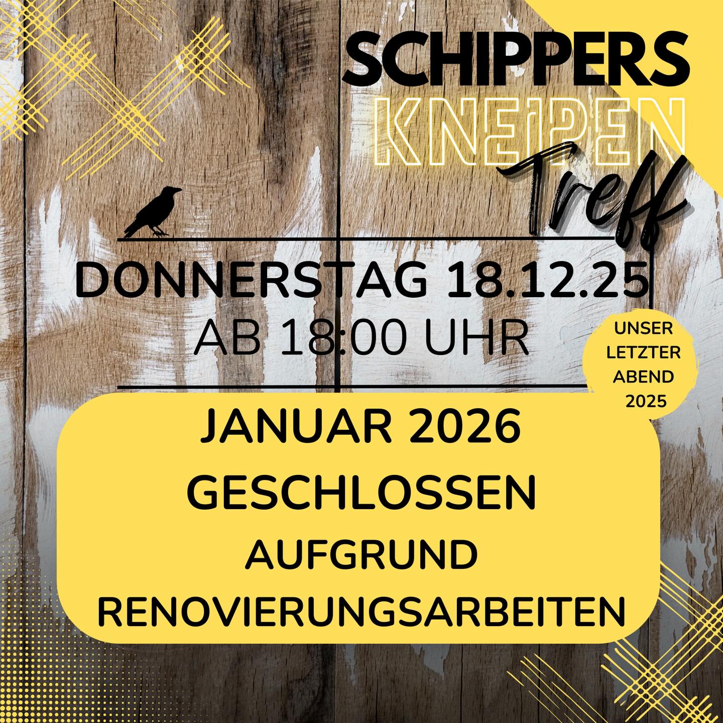 🔔 WICHTIGE INFO 🔔
🍻 Unser letzter Abend 2025:
Donnerstag, 18.12.2025 ab 18:00 Uhr
🔧 JANUAR 2026 GESCHLOSSEN
Aufgrund von Renovierungsarbeiten bleibt unsere Landstube im Januar 2026 geschlossen.
👉 Voraussichtlicher Neustart: ab dem 08.02.2026
(vorausgesetzt, es treten keine Bauverzögerungen auf)
Kommt am 18.12. gerne nochmal vorbei und lasst das Jahr mit uns gemütlich ausklingen – wir freuen uns auf euch! 🍺✨