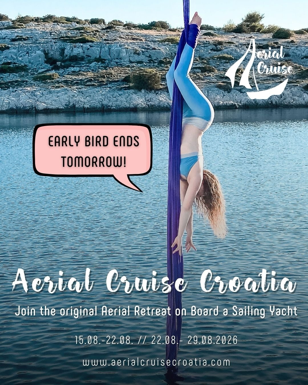 🌊‼️EARLY BIRD ENDS TOMORROW‼️🌊
.
👉🏼 Join Our Aerial Retreat now! Only a few spots left in week 2‼️🌊✨ www.aerialcruisecroatia.com🔗
.
Experience the breathtaking beauty of the Croatian islands while indulging in over 20 hours of aerial training above the sea. This once-in-a-lifetime journey hosted by @aerialsea & @aerialsilkvienna will take your aerial life to new heights!
Retreat Highlights:
🎪 20+ hours of Aerial training over the sea
🏝️ A whole week of Aerial boatlife!
⛵ 7 days on board a sailing yacht
🌅 Wake up at a different spot every day
👥 Small group of maximum 16 guests
🍽️ Homecooked delicious veggie meals
🌟 Enjoy dreamy sceneries & photo opportunities
🌊 Picturesque bays, crystal-clear water & cute Croatian villages
💫 Hang out with like-minded international aerialists
📅 Retreat Dates: 15-22 (waiting list) & 22-29. August 2024 (few spots left)
Join us for an unforgettable experience and apart from doing aerial all day over the sea:
🐬 Watch out for dolphins
🏄♀️ Explore the bay with the SUP
⛵ Steer the sailing yacht
🧜♀️ Mermaid around and enjoy underwater life
🚶♀️ Take hikes in charming villages and nature
Book now and secure your spot! More info through the link in bio: 🔗 www.aerialcruisecroatia.com
Don’t miss out on this incredible aerial adventure!
.
.
.
#aerialcruisecroatia #aerialretreat #aerialsailingretreat #aerialandsail #aerialistsofinstagram