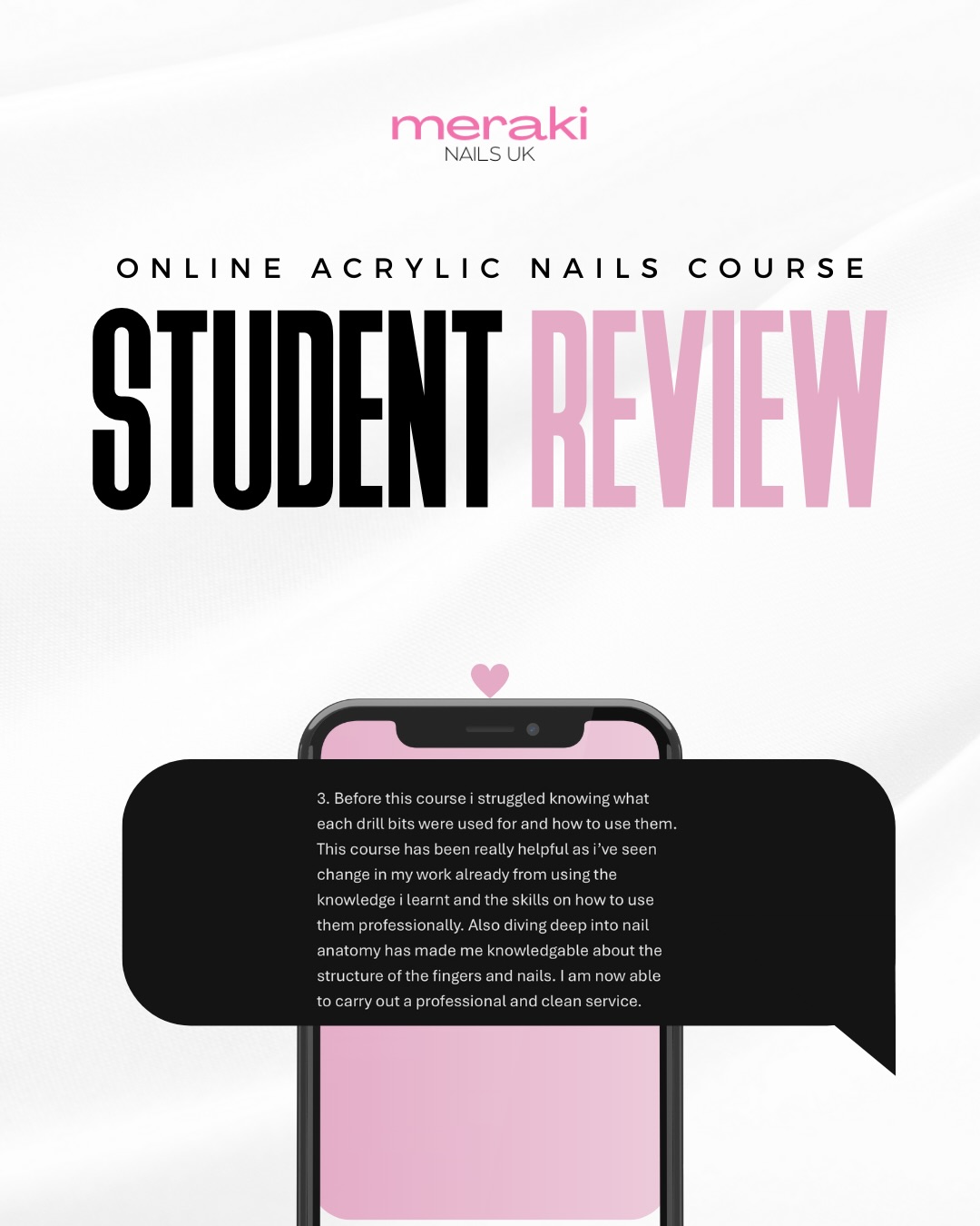 Student feedback of the online acrylic nails course 🌟
At Meraki Nails UK, I’m here to help you on your nail journey no matter your level of experience, to go from no experience or knowledge to fully qualified creating acrylic nails with confidence
✨ 𝐖𝐡𝐚𝐭 𝐘𝐨𝐮 𝐆𝐞𝐭 𝐚𝐭 𝐌𝐞𝐫𝐚𝐤𝐢 𝐍𝐚𝐢𝐥𝐬 𝐔𝐊 ✨
💗 𝐀𝐜𝐜𝐫𝐞𝐝𝐢𝐭𝐞𝐝 𝐎𝐧𝐥𝐢𝐧𝐞 𝐀𝐜𝐫𝐲𝐥𝐢𝐜 𝐍𝐚𝐢𝐥𝐬 𝐂𝐨𝐮𝐫𝐬𝐞
Learn acrylics from home, qualify and start your nail business with ease. 100% online & self-paced with pre-recorded videos & accredited certificate included
💗 𝐀𝐜𝐫𝐲𝐥𝐢𝐜 𝐬𝐭𝐚𝐫𝐭𝐞𝐫 𝐧𝐚𝐢𝐥 𝐤𝐢𝐭
Created by a nail tech for nail techs. Save time and the cost of buying individually with this essential acrylic nail kit, that combines quality and affordability!
💗 𝐍𝐚𝐢𝐥 𝐬𝐮𝐩𝐩𝐥𝐢𝐞𝐬
Restock anytime with monomers, acrylic powders & mini kits available
💗 𝐅𝐑𝐄𝐄 𝐠𝐮𝐢𝐝𝐞𝐬
Sign up to the mailing list and get a free guide on the product and equipment essentials you need, how to start your nail business & more
𝐀𝐥𝐥 𝐚𝐯𝐚𝐢𝐥𝐚𝐛𝐥𝐞 𝐯𝐢𝐚 𝐭𝐡𝐞 𝐥𝐢𝐧𝐤 𝐢𝐧 𝐭𝐡𝐞 𝐛𝐢𝐨
💌 Have a question? Send a message via DM, WhatsApp or email