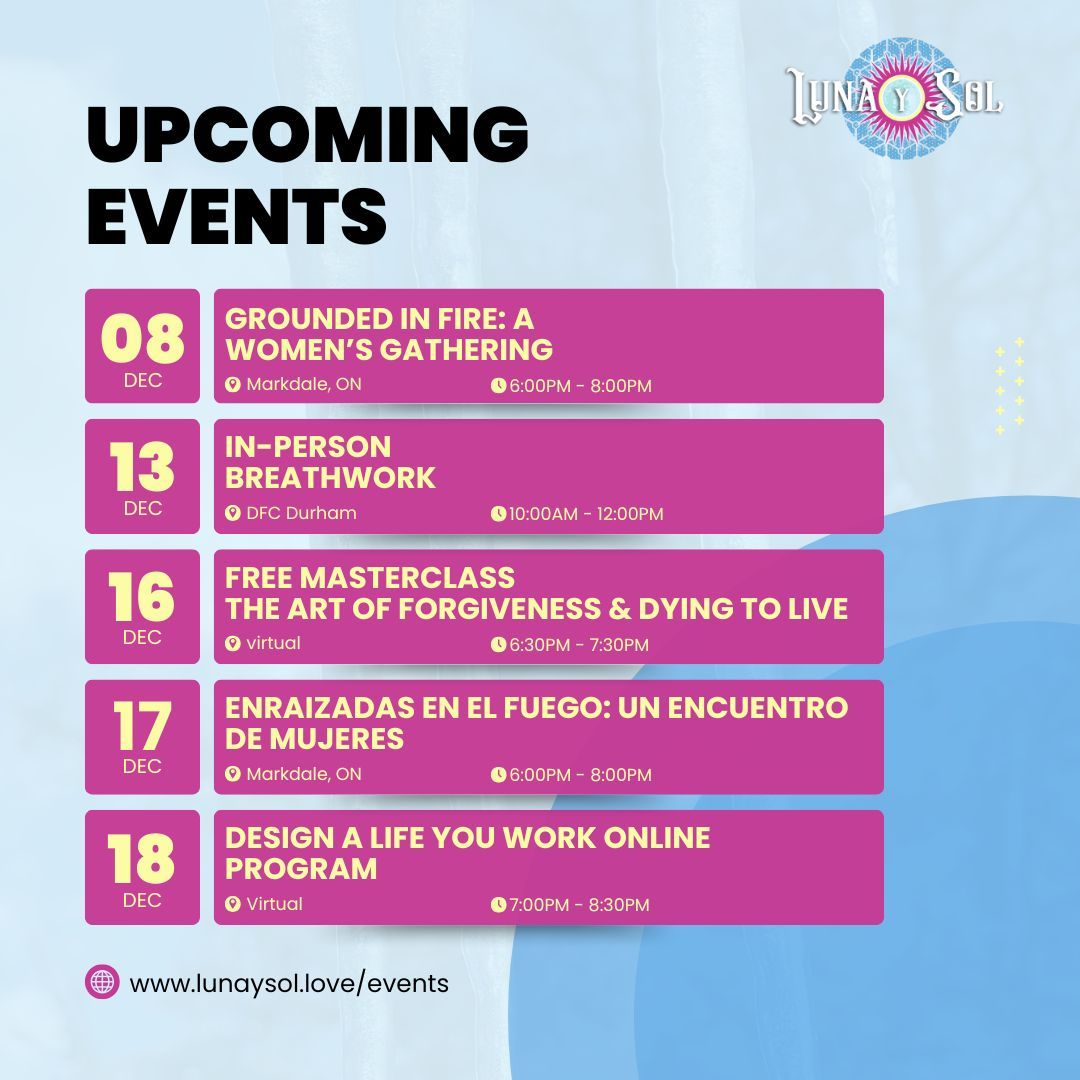 December is a month of reflection and renewal — and I’m opening several beautiful spaces to breathe, heal, and reconnect.
Whether you’re ready to release the year, awaken a deeper part of yourself, or step into the life you want… there’s something here for you.
✨ A month of breathwork, connection, and soulful transformation.
All details + registration: www.lunaysol.love/events
#luna_y_sol_1111 #LunaYSol #HealingJourney #BreathworkPractice #ForgivenessJourney #EmotionalHealing #InnerStrength #RebirthAndRenewal #LifeDesign #DesignALifeYouLove #HeartOpeningWork #SpiritualGrowth #WellnessEvents #CommunityHealing #OntarioWellness #Markdale