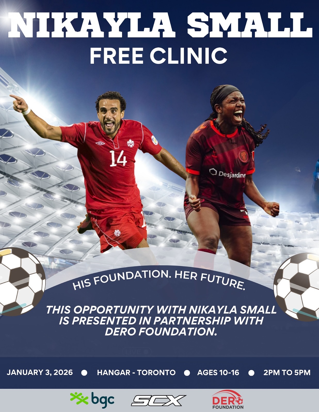 Championing Women in Sport
Dwayne De Rosario has consistently supported women’s soccer, from joining AFC’s first Fireside Talk to cheering on AFC in the Finals and backing his respected friend Diana Matheson, founder of the AFC.
Now that support becomes action.
We’re excited to announce a new partnership between Nikayla Small and DeRo Foundation!
Nikayla Small is hosting a FREE Soccer Clinic to inspire and empower the next generation. DeRo Foundation is helping create opportunities with our community partners.
Because when leaders show up, the future of the game gets stronger.
#WomenInSport #SupportWomensSports #DeRoFoundation #AFC #DianaMatheson #NikaylaSmall #SoccerForAll #NextGenAthletes #FiresideTalk #GrowTheGame
