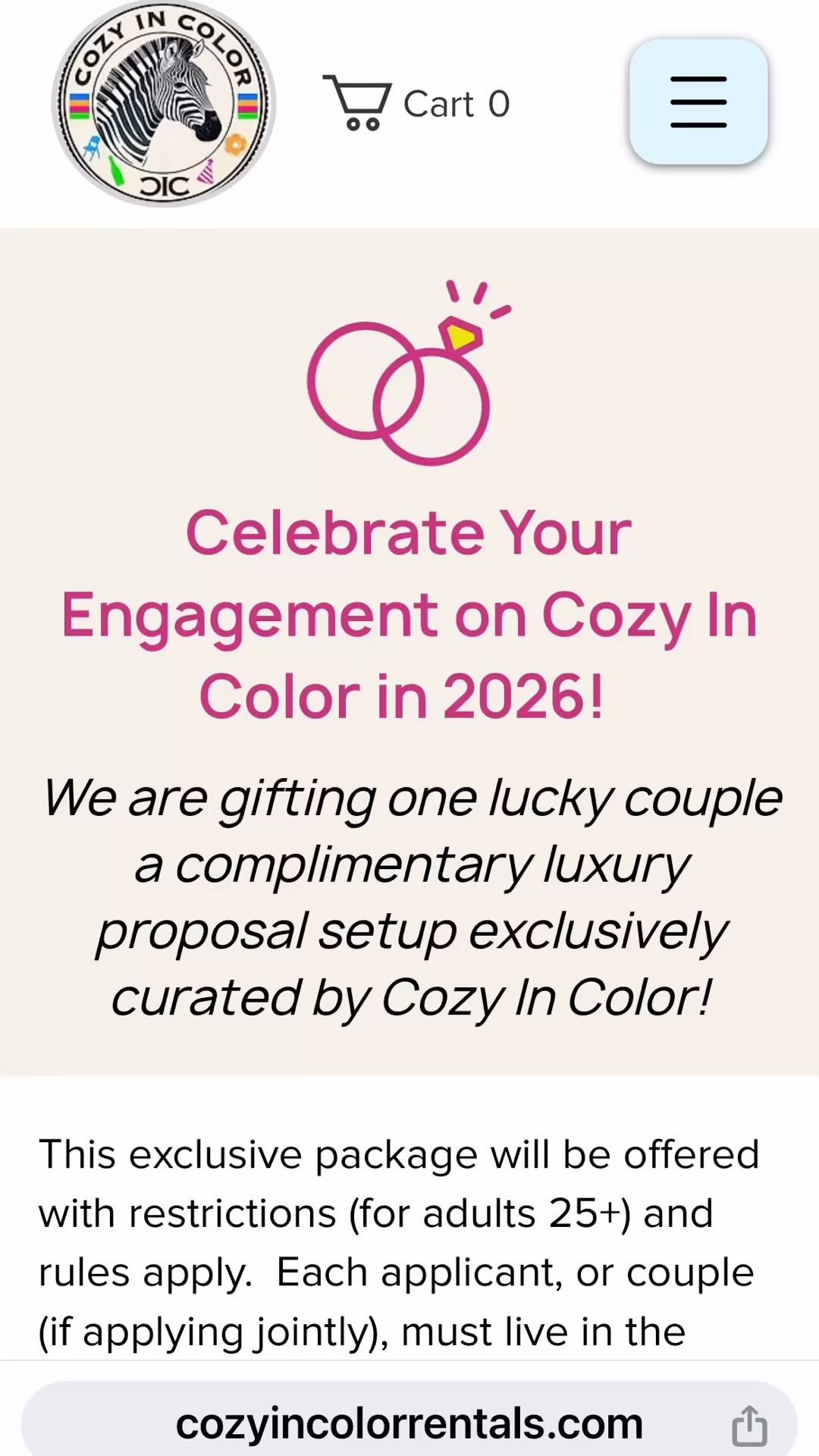 Head to our page beloveds for details!!!
📣Cozy In Color is giving away one Complimentary Luxury Proposal Setup to one lucky couple! 💍❤️📣
If you or someone you love is planning to pop the question soon, this is the perfect chance to make the moment unforgettable.
#love #engagement💍 #couples#houston #texas #loveparty
This exclusive package includes a beautiful luxury proposal set up curated by Cozy In Color will be photo-ready and have special touches fit for the winning couple and with a “YES” in mind!
💕 HOW TO ENTER:
How to Enter:
1. Kick things off by taking our “What Color Makes You Cozy?” quiz. Once that is submitted; you must
2. Follow Us on Facebook (Cozy In Color) or Instagram (@cozy_in_color_rentals).
3. While you are on our page (either Facebook or Instagram), “Like” the post associated with this Giveaway and drop us one line as to why you or someone you love deserves to win this Cozy In Color curated Complimentary Luxury Proposal set up!
4. Share this contest with a friend who also deserves this exclusive custom engagement setup (and have them complete these steps for consideration of the Win)!
5. Wait for the Winning Announcement on February 9, 2026 at 12:00 noon!
📍 Participants must be located in/near the Houston or Greater Houston area*
📅 Winner will be announced on February 9, 2026
💫 Proposal must be booked based on availability and between 2/14/26 and 6/9/26.
Good luck and we can’t wait to help create a magical “YES!” moment! 💍✨!!!
https://www.cozyincolorrentals.com/2026-luxury-proposal