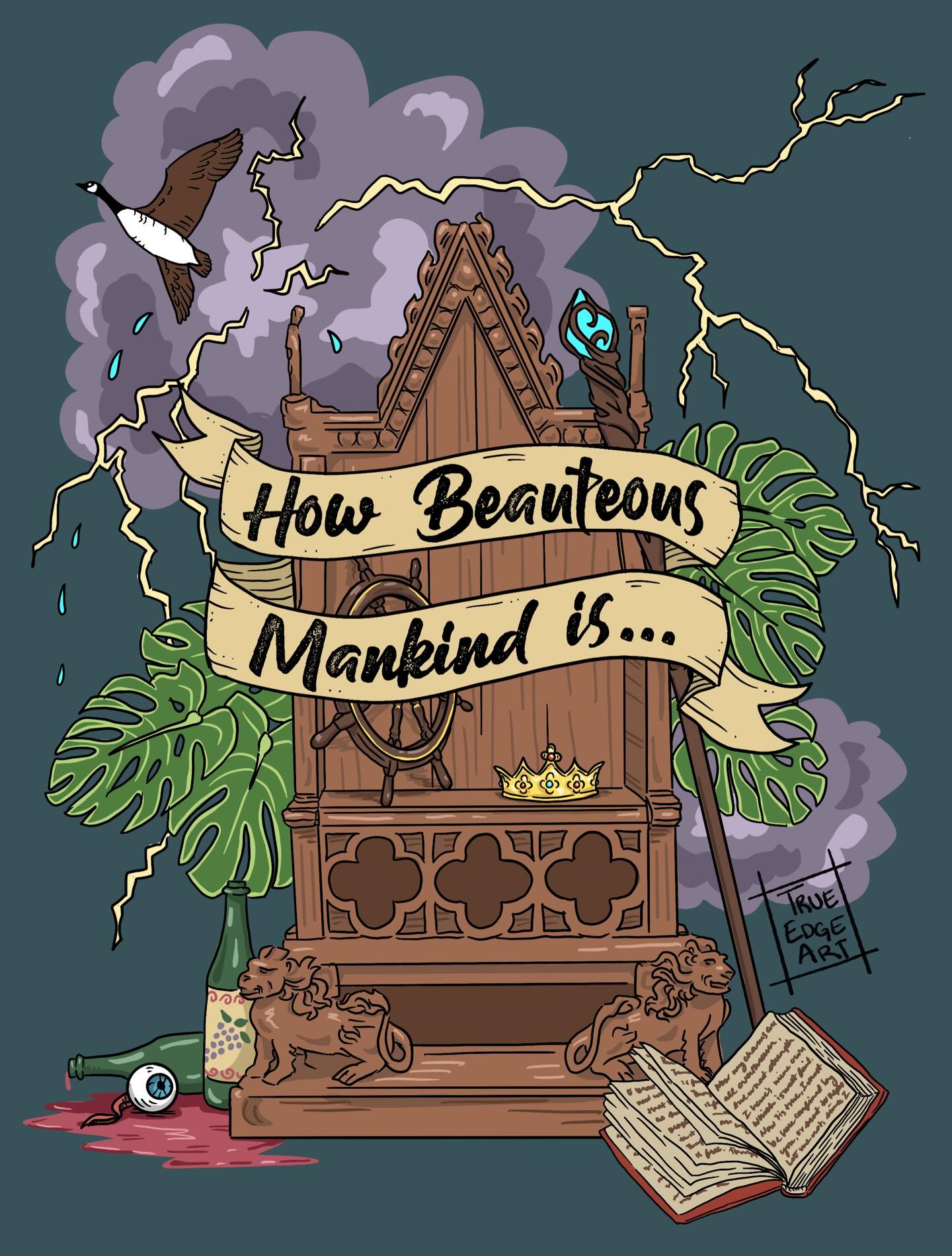 I don’t think I ever shared my design for @ohioshakes 2025! Tempest and King Lear. I have so much fun designing Shakespeare merch… hence why next year there’s a lot of Shakespeare art coming in - including enamel pins and perhaps some new postcards and stickers for my patreon! What Shakespeare quotes would you like to see?