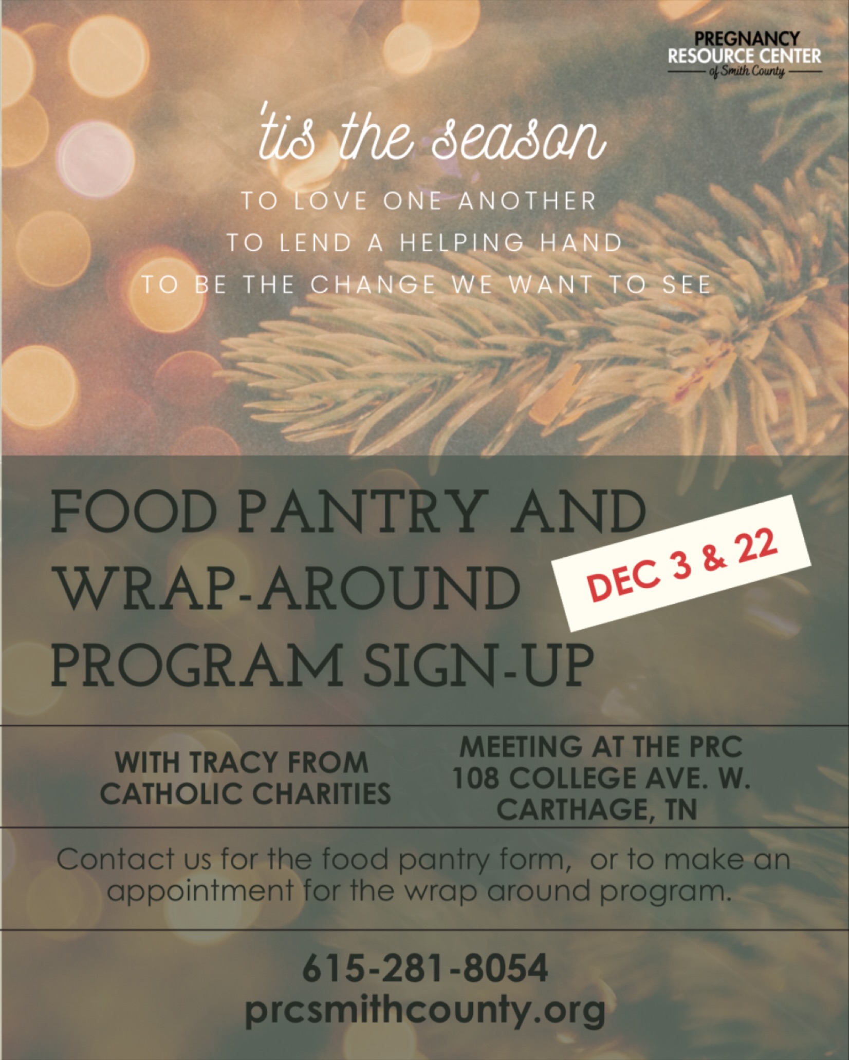 Tracie from the Catholic Charities will be at the center twice this month — Wednesday, December 3 and again on December 22.
She’ll be bringing food pantry items on the 3rd, and the pantry request form is available now if you’d like to submit your list by Tuesday, December 2.
She’ll also return on December 22 for pantry items and wrap-around program sign-ups for families who could use extra support with finances, education, life skills, and more.
If you’ve met Tracy, you already know how genuinely kind and caring she is. And if you haven’t yet — there’s truly no better time.
Contact us today for more information or to get your food pantry form.
615-281-8054
prcsmithcounty.org