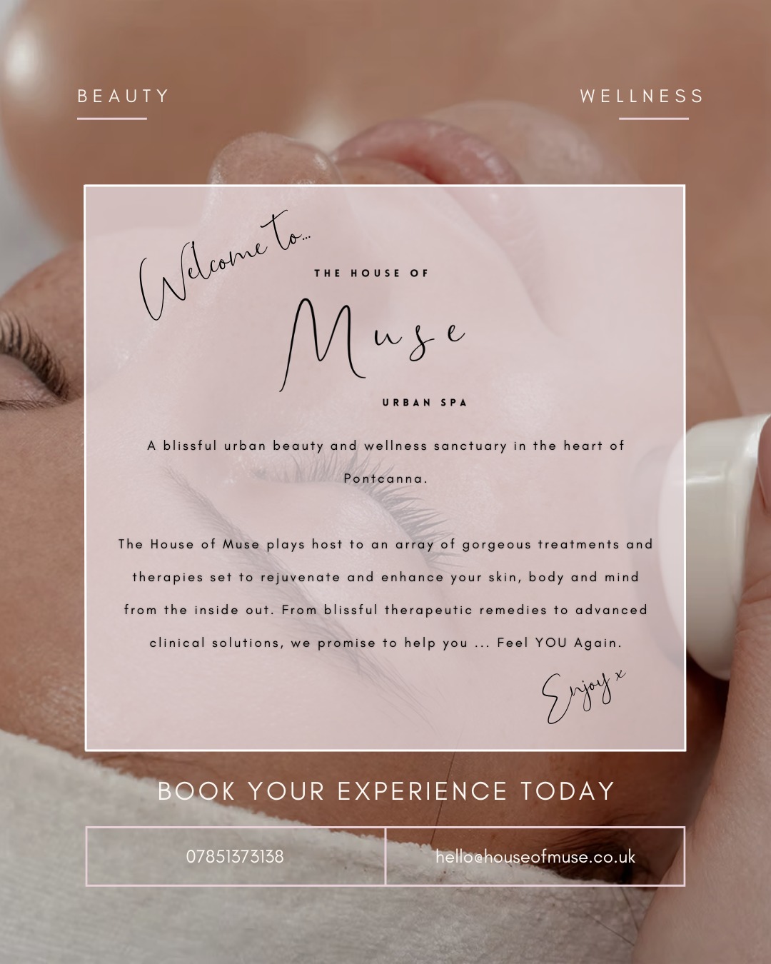 Where beauty meets wellbeing 💖
At The House of Muse, we’ve created a space where you can pause, reset, and reconnect with yourself.
From therapeutic moments of calm to advanced skin and body treatments - every experience is designed to help you feel you again.
Book your experience today via the link in our bio ✨