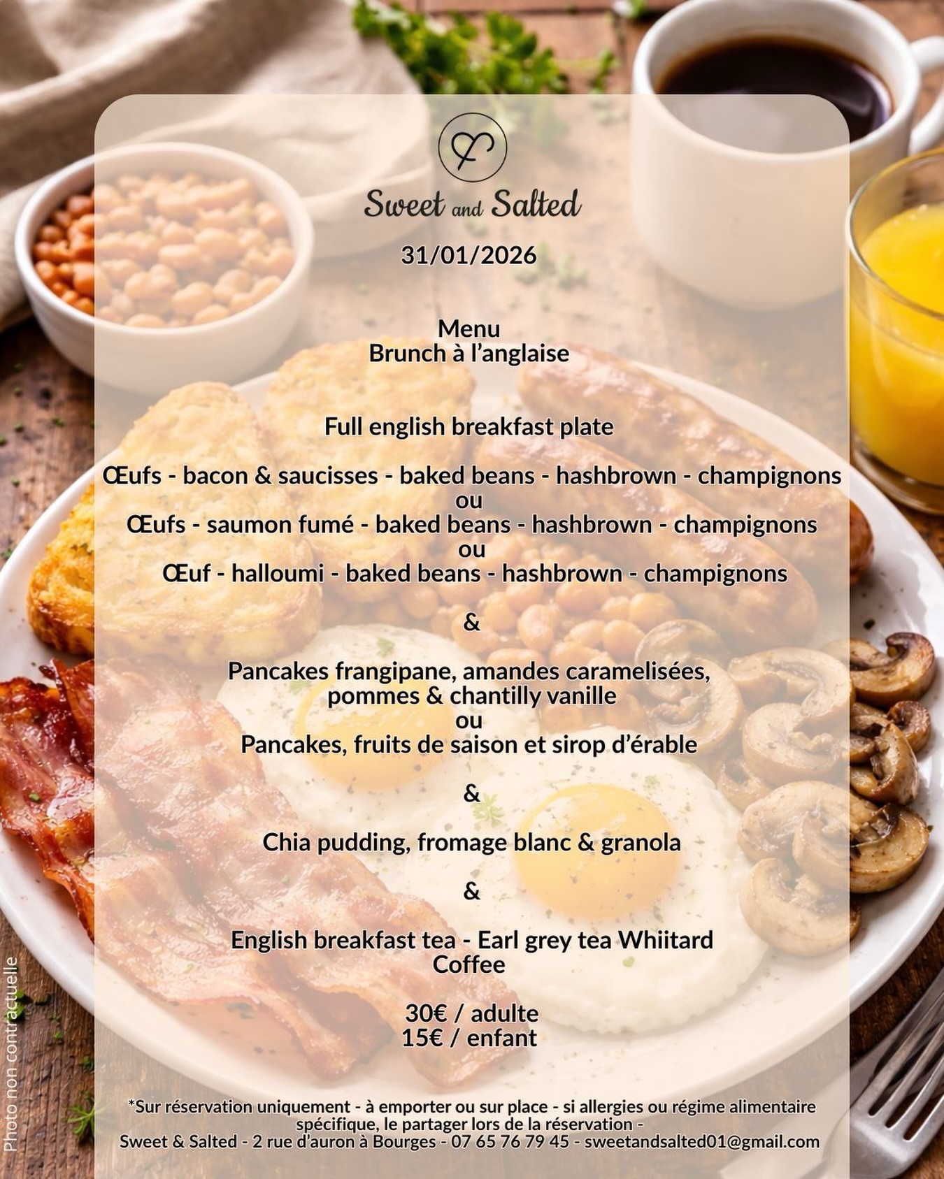 🥂Premier brunch 2026 ensemble ✨
On vous a partagé nos nouvelles résolutions, & on essaye de s’y tenir… alors le dernier jour de janvier, samedi 31 on vous ouvre les portes pour un brunch comme on les aime 😍 !
Plusieurs clients fidèles nous ont demandé un brunch à l’anglaise 🏴 alors @chef_jordan_antoine l’a créée (il n’a pas pu s’empêcher de faire un petit twist quand même) mais on espère que ce menu vous régalera 😋!
Ce menu est sur place 🍽️ & à emporter ! 🥡
Des réservations ont déjà été prises donc les premières places disponibles sur place sont à partir de 13:00 🕐 !
Alors n’attendez pas… il n’y en aura pas pour tout le monde 🙃!
* pour tout allergie ou régime alimentaire n’hésitez pas à nous le partager 🚨. Commande par mail uniquement 📨
#brunch #sweetandsaltedbourges #brunchbourges #englishbrunch #yummytime