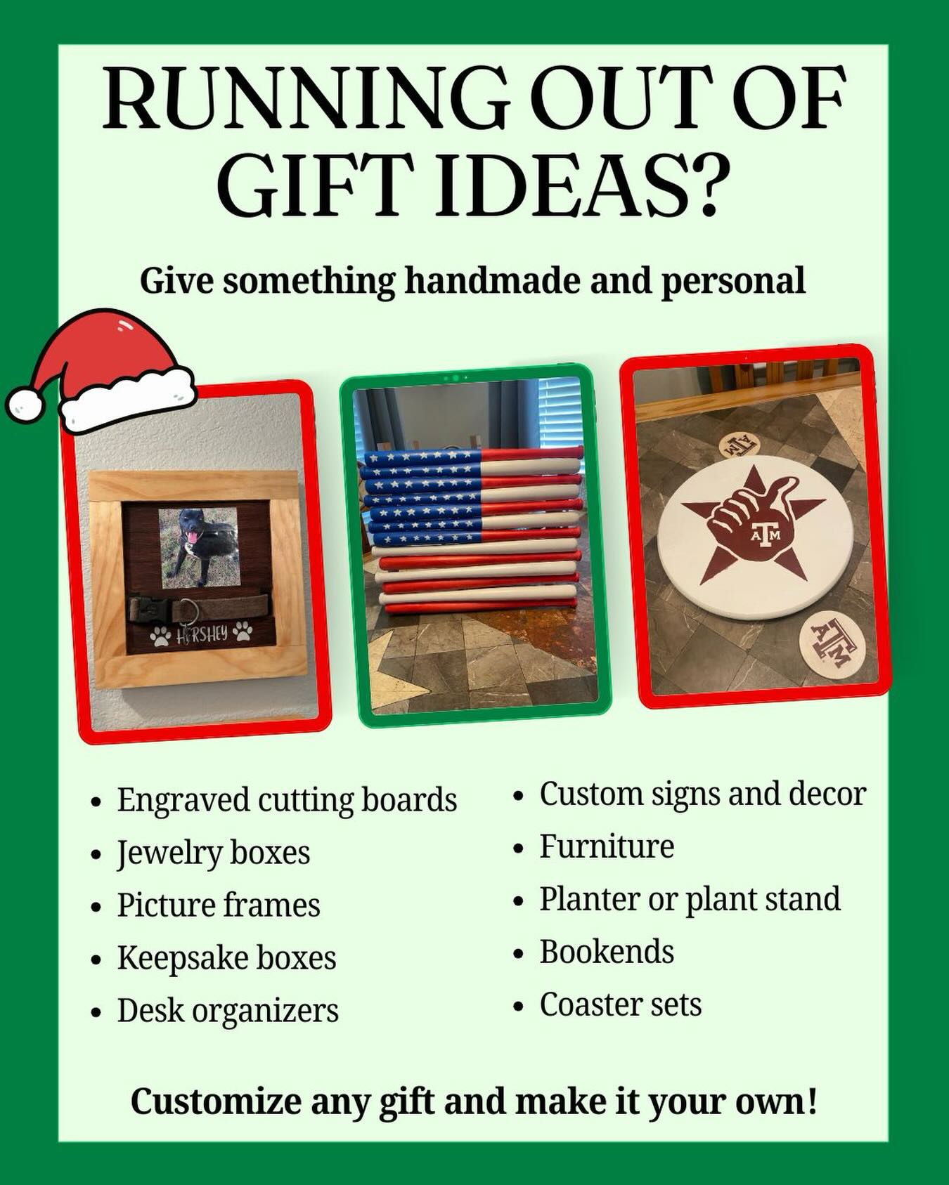 The holiday season is here! 🎄Handcrafted, personal gifts that will make anyone smile ✨ Order this weekend using the link in our bio!
#personalizedgifts #holidaygiftideas #woodworking