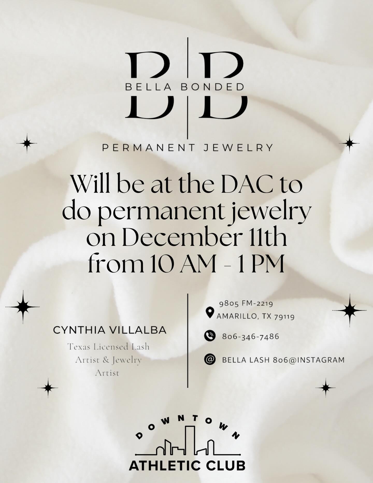 Mark your calendars! Bella Bonded Permanent Jewelry is stopping by the DAC on December 11th from 10–1! Stop in for some permanent jewelry while you’re here!