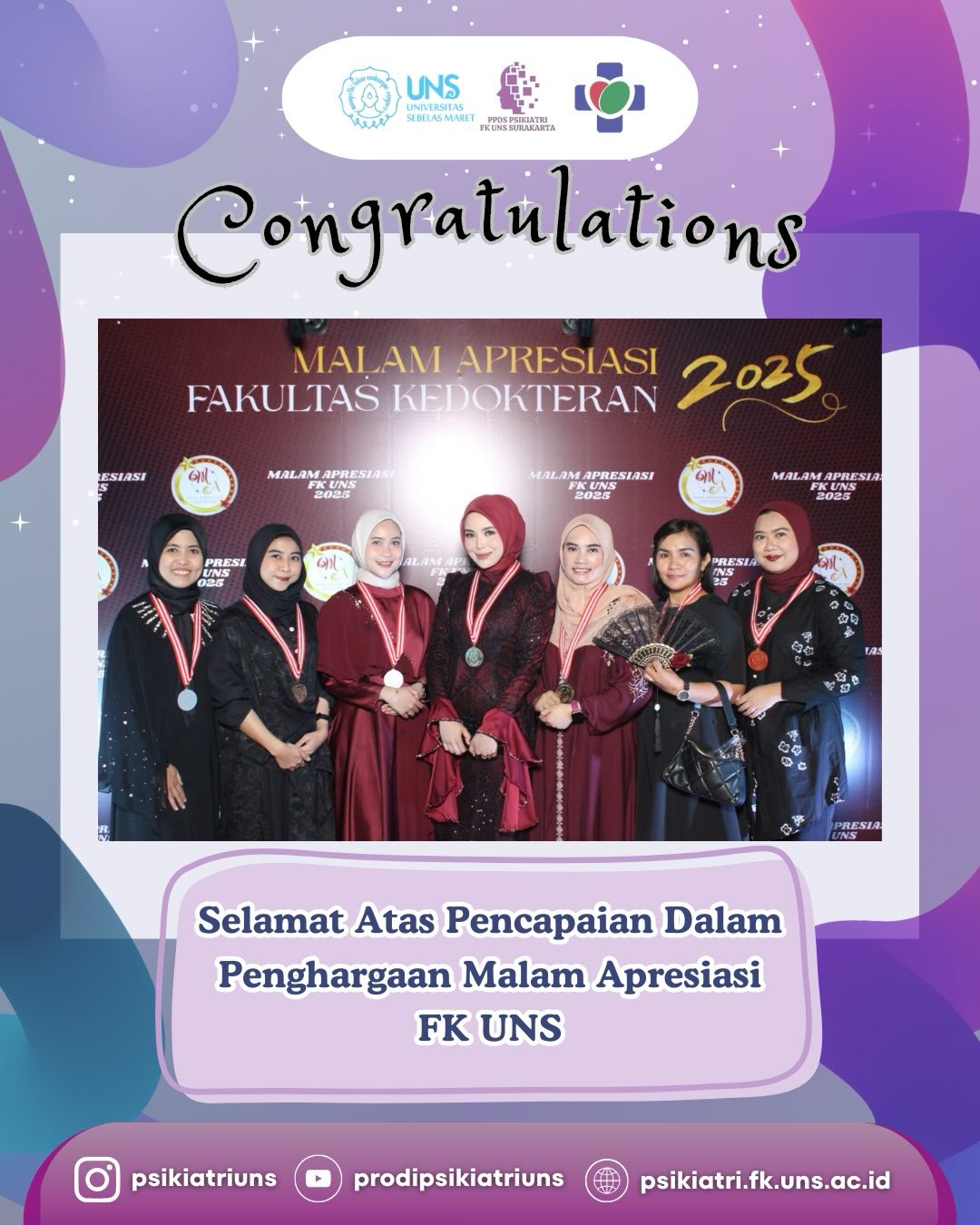 ✨ Congratulations! ✨
Selamat kepada Residen Program Studi Psikiatri FK UNS atas pencapaian luar biasa dalam Malam Apresiasi Fakultas Kedokteran UNS 2025 🏆
Semoga capaian ini menjadi motivasi untuk terus berkarya, berprestasi, dan mengharumkan nama institusi dalam dunia akademik dan profesional 🌱
👏 Bangga menjadi bagian dari Psikiatri FK UNS!