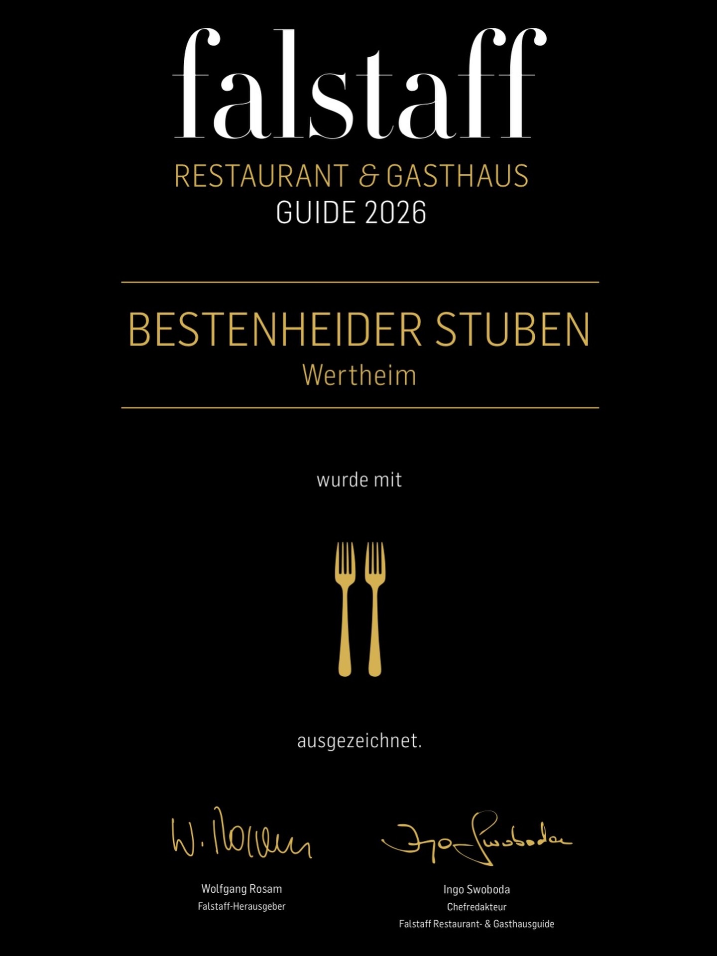 Ausgezeichnet! ✨Mit 86 von 100 Punkten haben wir es in den Falstaff 2026 geschafft, worüber wir uns riesig freuen!
Danke an unser Team, das jeden Tag mit ganz viel Herz arbeitet. Danke an alle unsere Gäste, die uns auf diesem Weg begleiten.
Mit Leidenschaft, Genuss und vielen besonderen Momenten gehen wir nun in die Weihnachtszeit und ins neue Jahr 2026 🥂✨
@route_der_genuesse @tourismus_region_wertheim @spessart_mainland
#falstaff #wertheim #bestenheiderstuben