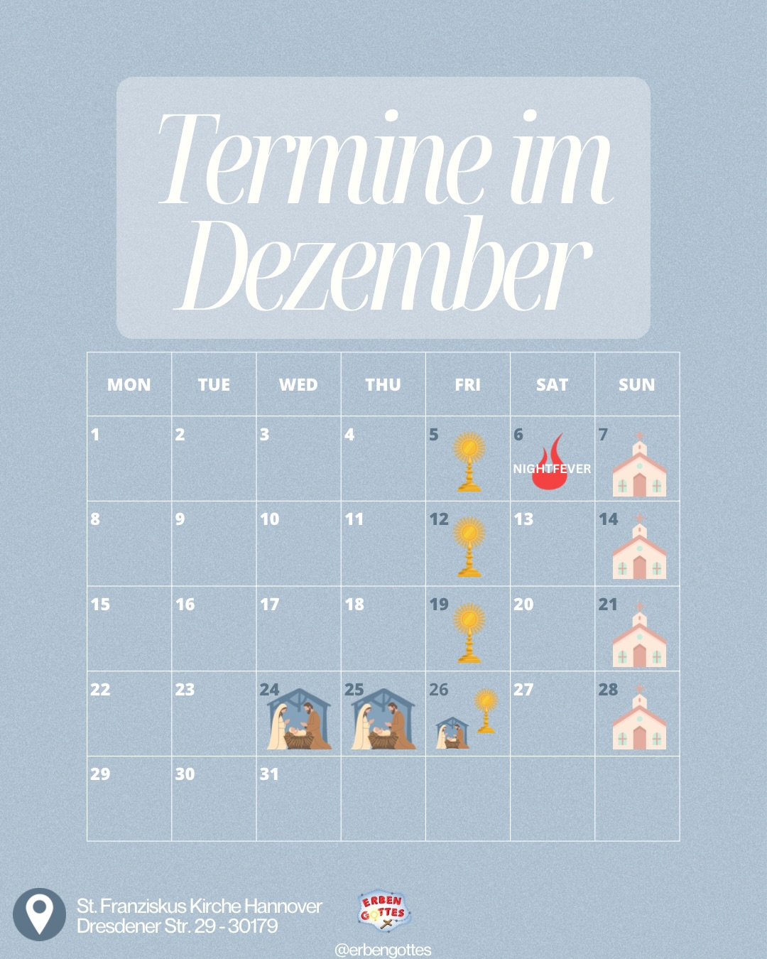 Unsere Termine für den Dezember 🤍👼🏼🎄 Wir freuen uns, wenn DU dabei bist! 😊
#kirche #jesus #gott #glaube #katholisch #hannover #katholischekirchehannover #gebet #beichte #lobpreis #hlmesse #advent