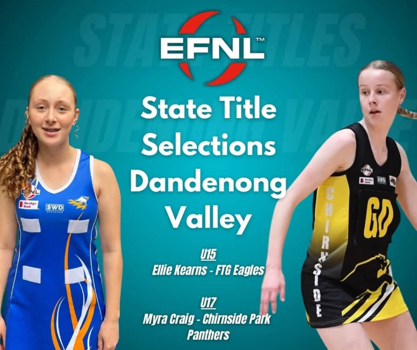 Dandenong Valley State Titles 2026
Congratulations to @ftgeaglesseniors - U17 Junior player Ellie Kearns and @chirnsideparkfnc Myra Craig, selected in the @dandyvalleynetball State Titles teams! A terrific achievement for these players, and we look forward to seeing you take the court over the long weekend in March 2026.