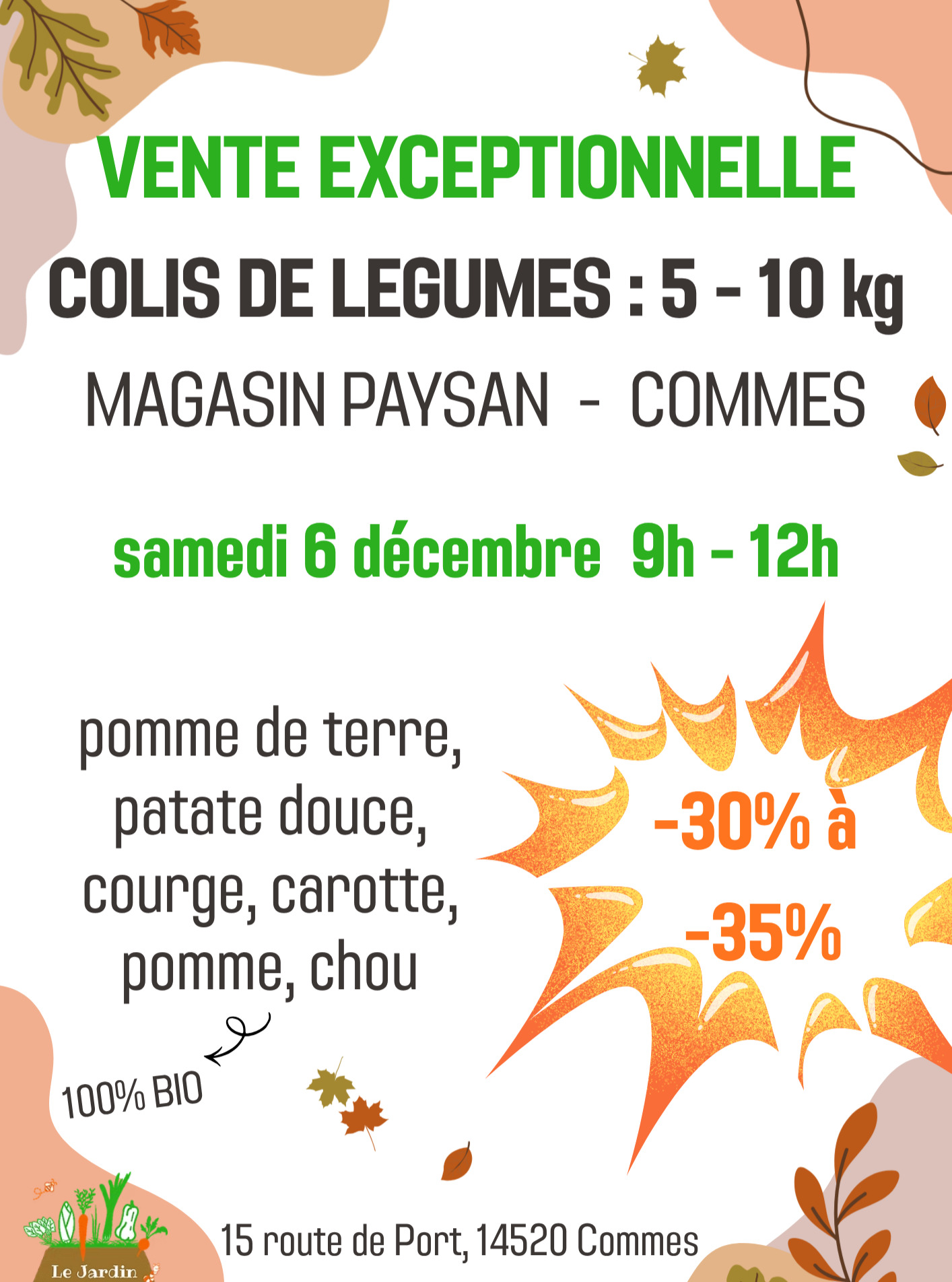 đ VENTE EXCEPTIONNELLE AU MAGASIN PAYSAN â COLIS DE LĂGUMES Ă PRIX RĂDUITS ! đ
Bonjour Ă toutes et Ă tous,
Cette annĂ©e, la Nature nous a particuliĂšrement gĂątĂ©s đ±đđ„
Pour fĂȘter cette belle abondance, nous vous invitons Ă une vente exceptionnelle de colis de lĂ©gumes le SAMEDI 6 DĂCEMBRE de 9h Ă 12h au Magasin paysan des Fermes de deux'main de COMMES !
đ Colis de lĂ©gumes de 5 Ă 10 kg
đ RĂ©ductions de -30% Ă -35%
đ Pomme de terre, patate douce, courge, carotte, chou, pomme⊠le plein de bons produits 100% bio pour passer lâhiver sereinement đż
Et parce que cuisiner, conserver, partager⊠câest toujours mieux Ă plusieurs, venez accompagnĂ©s de vos ami.e.s, famille, voisins !
⚠Et pour animer cette matinée :
âą10h : visite du jardin â dĂ©couvrez lâenvers du dĂ©cor et notre maniĂšre de cultiver.
âą11h : mini-confĂ©rence â astuces simples et efficaces pour conserver vos lĂ©gumes plus longtemps.
Nous avons hĂąte de vous retrouver et de partager ce moment convivial avec vous !
NâhĂ©sitez pas Ă nous Ă©crire si vous avez des questions.
Ă trĂšs bientĂŽt,