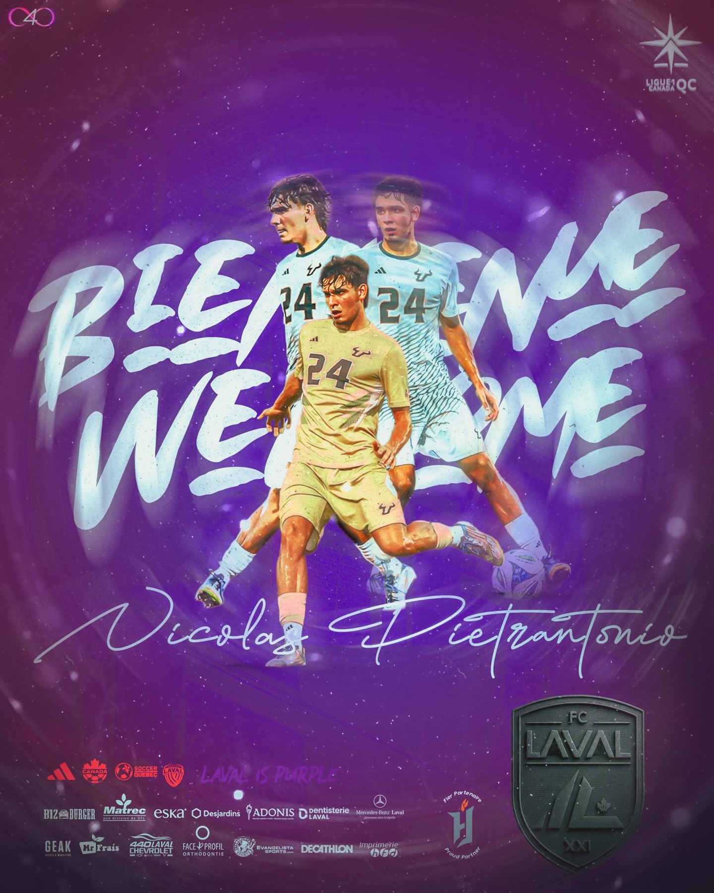 Le FC Laval est ravi d’annoncer la signature de Nicolas Pietrantonio, un défenseur prometteur qui rejoint notre équipe première masculine en Ligue1 Québec pour la saison à venir!💜
Issu de l’Académie du CF Montréal, Nicolas a évolué dans l’un des meilleurs parcours de développement au Canada avant de poursuivre son chemin en NCAA Division I avec les Bulls de l’Université de South Florida.🫡⚽️
Au cours de sa carrière universitaire, il a été nommé Freshman of the Week de l’American Athletic Conference grâce à un but victorieux en fin de match, et a figuré parmi les 100 meilleurs freshmen du pays selon TopDrawerSoccer. 🙌🏾
Avec ses 6 pieds de hauteur, Nicolas apporte solidité défensive, sens du placement et même une menace offensive depuis l’arrière — des qualités qui renforceront notre effectif masculin dans la poursuite de nos objectifs compétitifs.
Bienvenue au FC Laval, Nicolas — nous sommes fiers de te voir porter nos couleurs! 🟣⚪️
FC Laval is thrilled to announce the signing of Nicolas Pietrantonio, an exciting defender joining our men’s first team in League1 Québec ahead of the upcoming season!💜
A product of the CF Montréal Academy, Nicolas developed through one of Canada’s top professional youth pipelines before showcasing his talent in NCAA Division I soccer with the University of South Florida Bulls.🫡⚽️
During his collegiate career, he earned recognition as American Athletic Conference Freshman of the Week after scoring a dramatic game-winning goal, and was named among the Top 100 Freshmen in the country by TopDrawerSoccer.🙌🏼
Standing at 6 feet tall, Nicolas brings defensive strength, positional awareness, and a scoring threat from the back line — qualities that will bolster our men’s roster as we pursue our competitive goals.
Welcome to FC Laval, Nicolas — we’re proud to have you in our colours! 🟣⚪️
#fclaval
#L1QC
#semipro
#ligue1qc
#lavalispurple 💜💜💜
#soccerquebec
#laval
#soccer