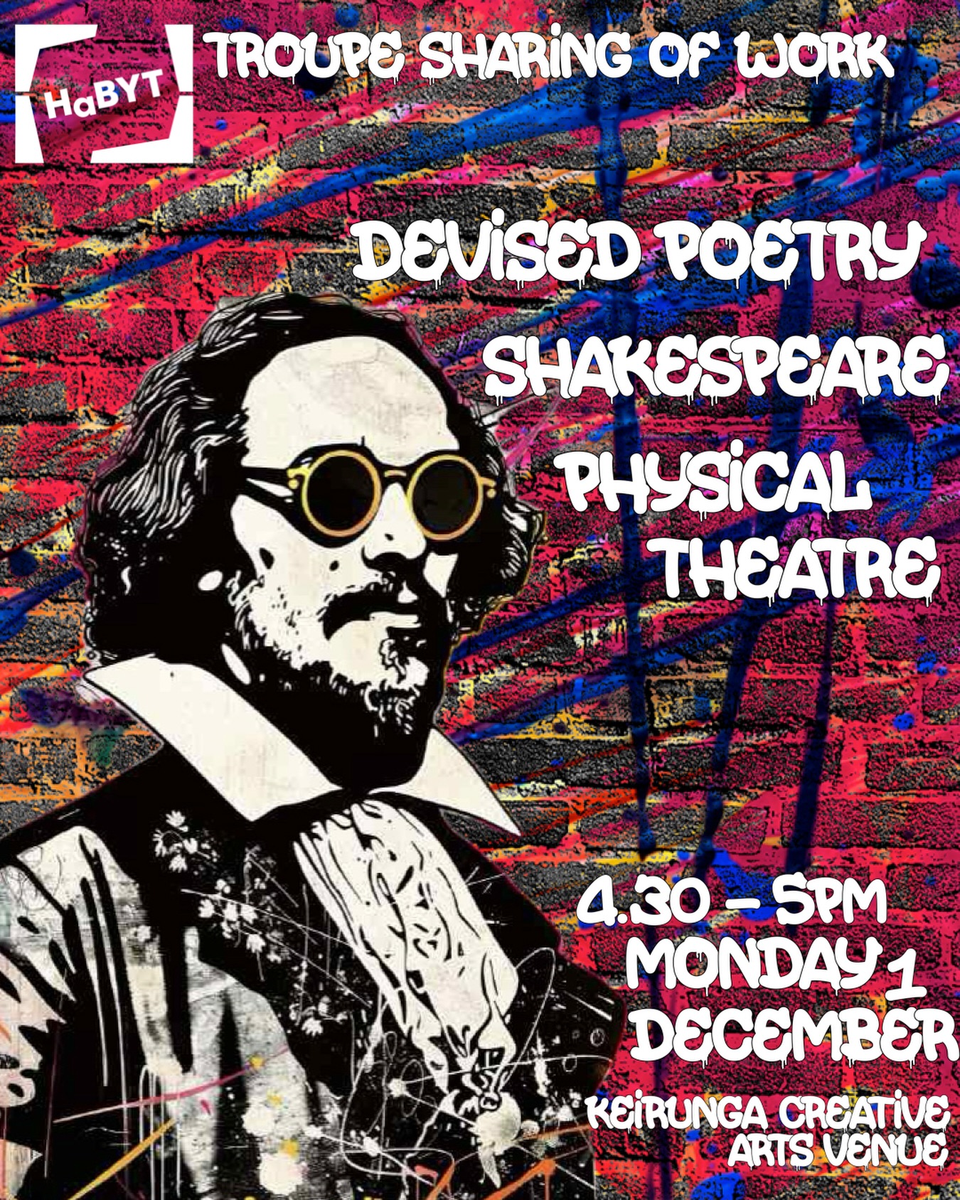 Our last sharing of work for the year is this Monday 1 December at 4.30pm at Keirunga Creative Arts Venue.
Our Troupe class have been busy preparing a diverse programme of Shakespeare, devised poetry and physical theatre to share with friends and whānau.