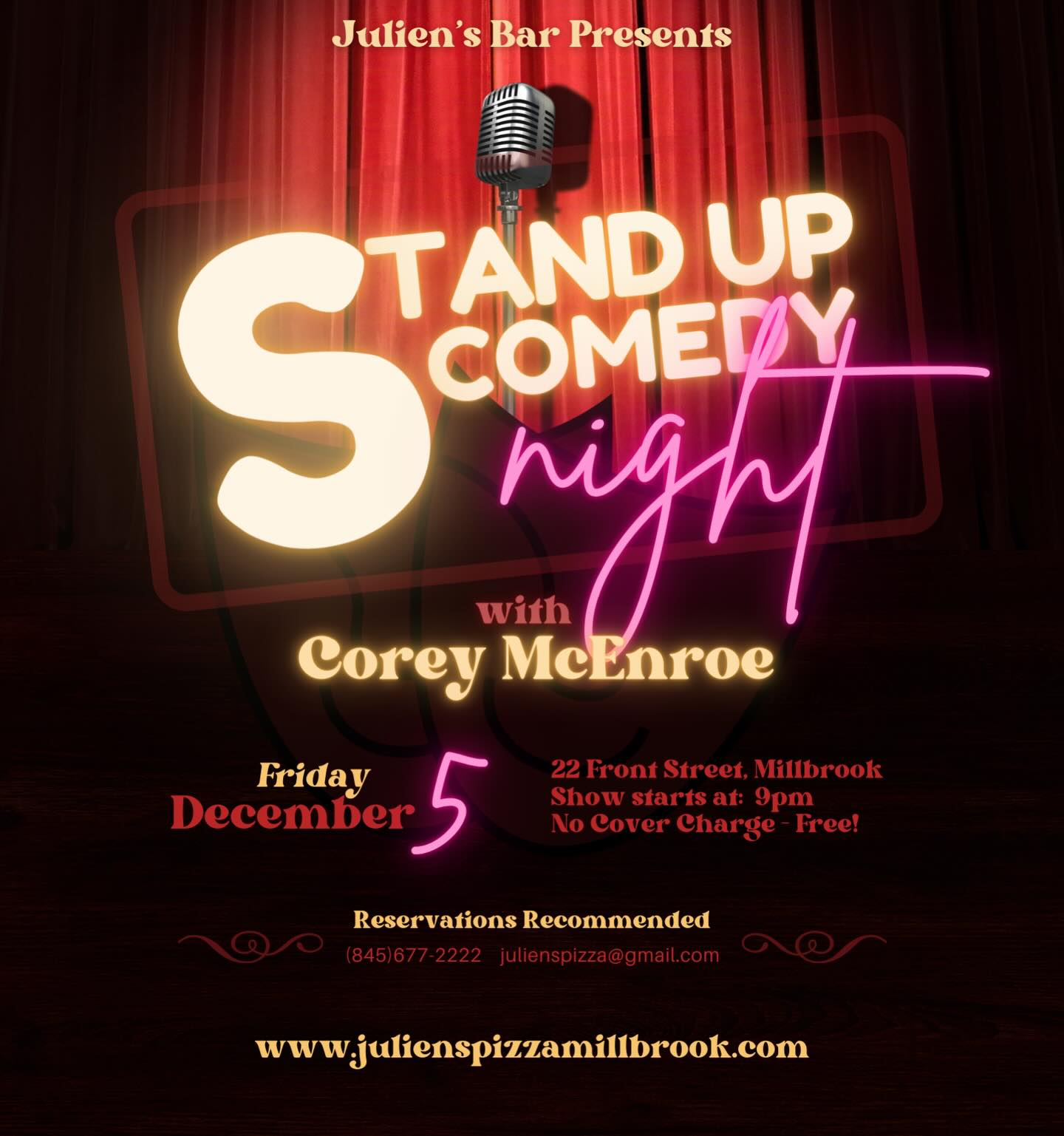 Join us for our first comedy night! Friday December 5th, 9pm. Featuring Corey McEnroe. 🎙️
We’re looking for more comics to add to the line up for this show & future shows - email julienspizza@gmail.com