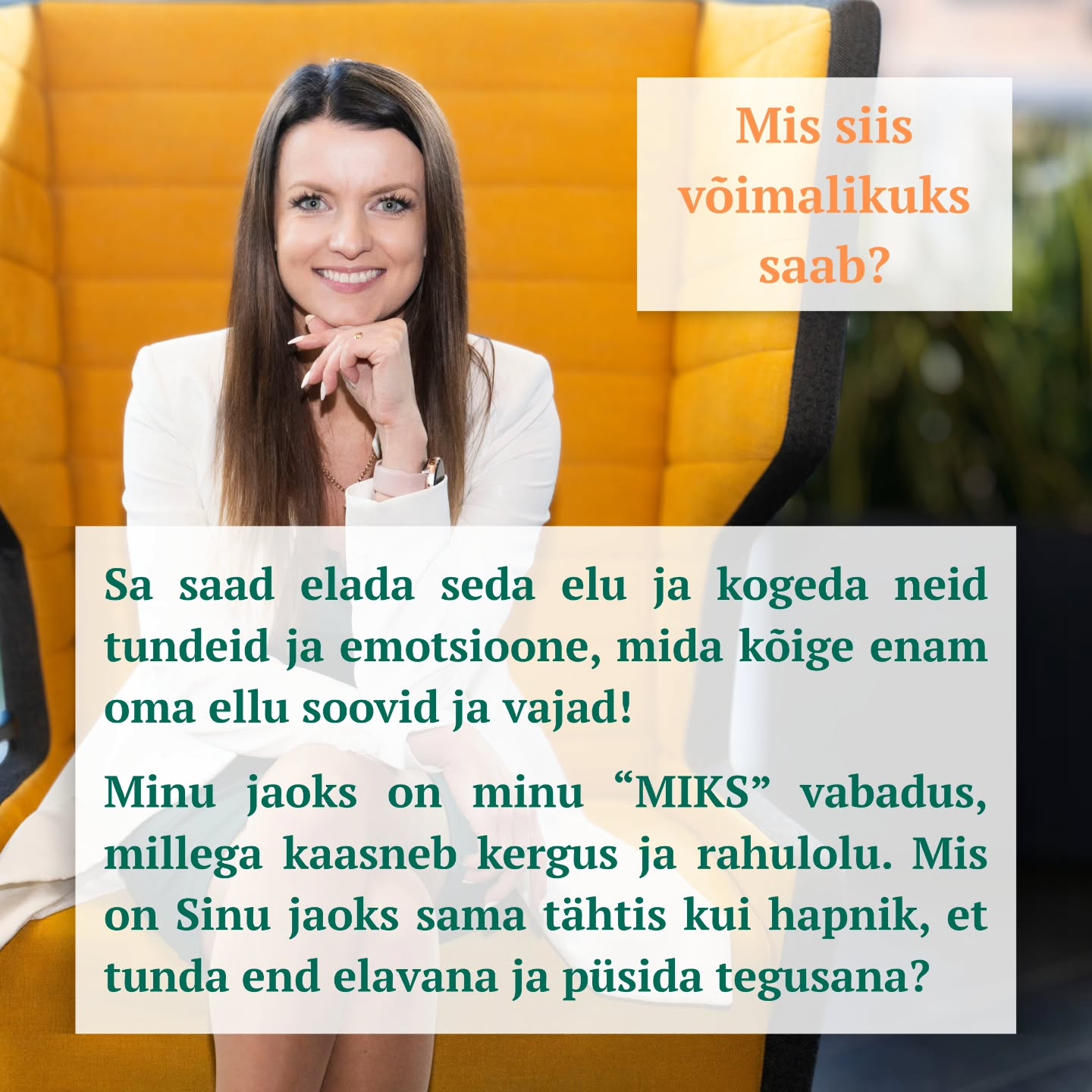 On Sul olnud kunagi nii, et tuleb mõte ja idee viia ellu midagi uut - teha midagi täiesti teistmoodi. 💁♀️💁♂️
Sa asud teekonnale - siht on silme ees - teekonnal hakkab asju juhtuma - kõik ei toimigi kohe plaani järgi - elu tuleb vahele ja järjepidevuses tekib takistusi? ✅
- keegi või miski lööb ebakindluse kõikuma? ✅
- tekib segadus, küsimusi, fookus hakkab hajuma, kõike on järsku nii palju laual? ✅
Minu missioon on, et Sul on selgus oma sihis, Sul on selgus oma tänases valmisolekus ja ma aitan Sul luua plaani ja käia seda teekonda edasi - hoides fookust, selgust, kindlameelsust ja südames vabadust ja rahulolutunnet - me loome teekonna, kus Sa tunned juba liikudes, et elad seda elu, mida oled loomas.
Ma olen lahenduskeskne coach, ettevõtjate mentor, enesearengu koolitaja ja inspiratsioonikõneleja. Ma aitan Sul luua oma ellu rohkem selgust, vabadust ja rahulolu.
⭐️ Pea nelja aasta jooksul olen läbi viinud üle 400 tunni personaalseid coachinguid.
⭐️ Loonud koolitusi ja programme, mis aitavad osalejatel toetada vaimset tervist, ennetada läbipõlemist ning kujundada mõtteviisi, harjumusi ja hoida fookust eesmärkide saavutamisel.
⭐️ Olen läbi viinud üle 25 virtuaalse kursuse ja üle 30 virtuaalse ja füüsilise koolituse ning esinenud inspiratsioonikõnedega seminaridel ja konverentsidel.
⭐️ Ma olen teinud samme ja saavutanud eesmärke, millest kunagi isegi veel kõva häälega mõelda ei julgenud! 🫣 Aga minus on meeletu tahe ja soov ja ma teen need asjad ära!
Märka - Sinu silmad paneb särama see, kui teed seda, mida kõige enam soovid ja seda saadab selgus ja kindlameelsus.
Coaching on Sinu võimalus soovitud muutused ellu viia! 🤩
Mis oleks kui lubad mind sellele teekonnale toeks?
✍️ Kirjuta mulle DM või info@kadrikeerme.ee ja leiame Sinu jaoks parima lahenduse.
Nb! Esimene tutvuskõne 40 minutit on tasuta.
📸 @jaanika.art