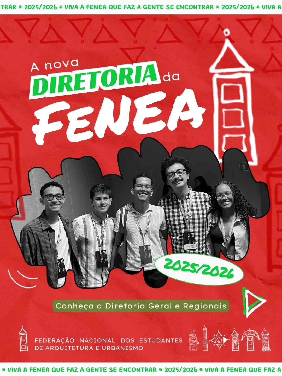 Com muita alegria, apresentamos os rostos que constroem a gestão FeNEA 2025/2026 ✨
A Federação Nacional de Estudantes de Arquitetura e Urbanismo segue sendo um movimento estudantil diverso, coletivo e espalhado por todo o Brasil. Neste carrossel, você conhece as Diretorias Gerais e Regionais.
Seguimos juntos, fortalecendo a organização estudantil, a arquitetura e o urbanismo que acreditamos. 🤍
#FeNEA #arquitetura #Urbanismo #VivaAFeneaQueFazAGenteSeEncontrar