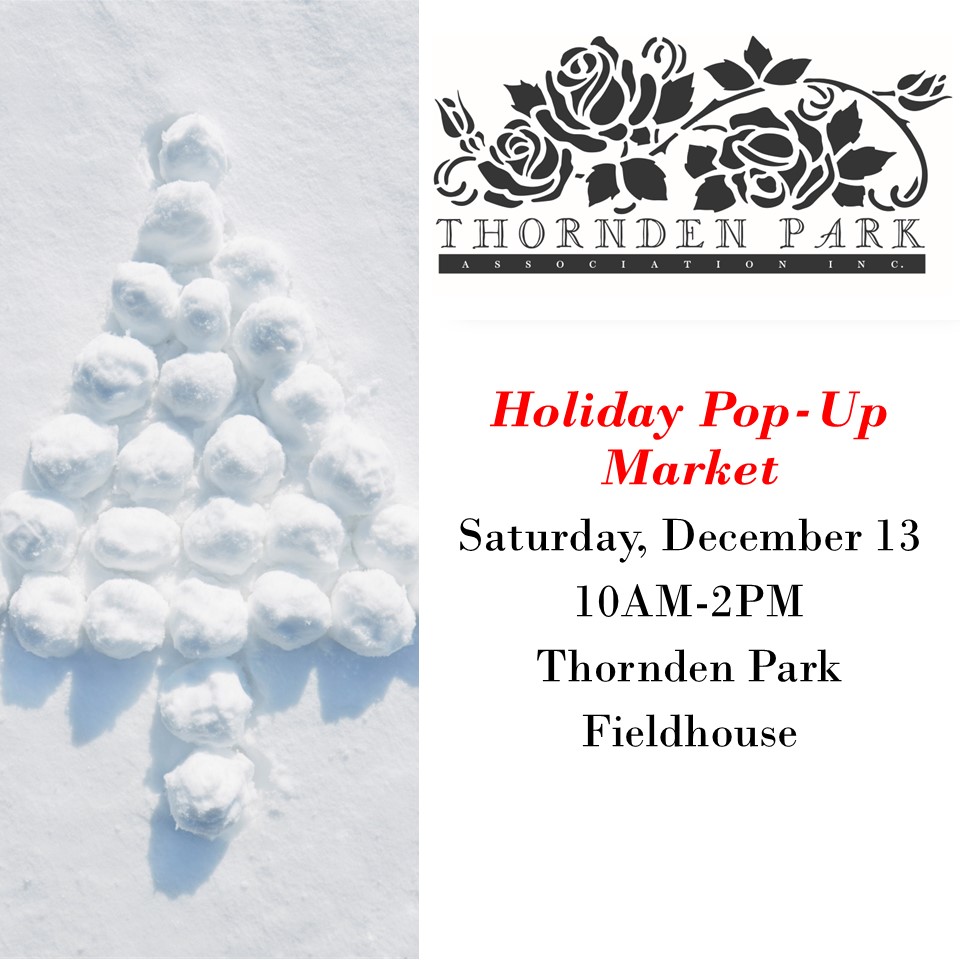 Just in time for holiday gift giving! Come to the Thornden Park Holiday Pop-Up Market, Saturday, Dec. 13 from 10AM-2PM in the Thornden Park fieldhouse (next to the football field). Thornden Park sweatshirts, t-shirts, beanies, caps, aprons are available for purchase plus notebooks, cards and art prints by local artist bharatiiiyanari!