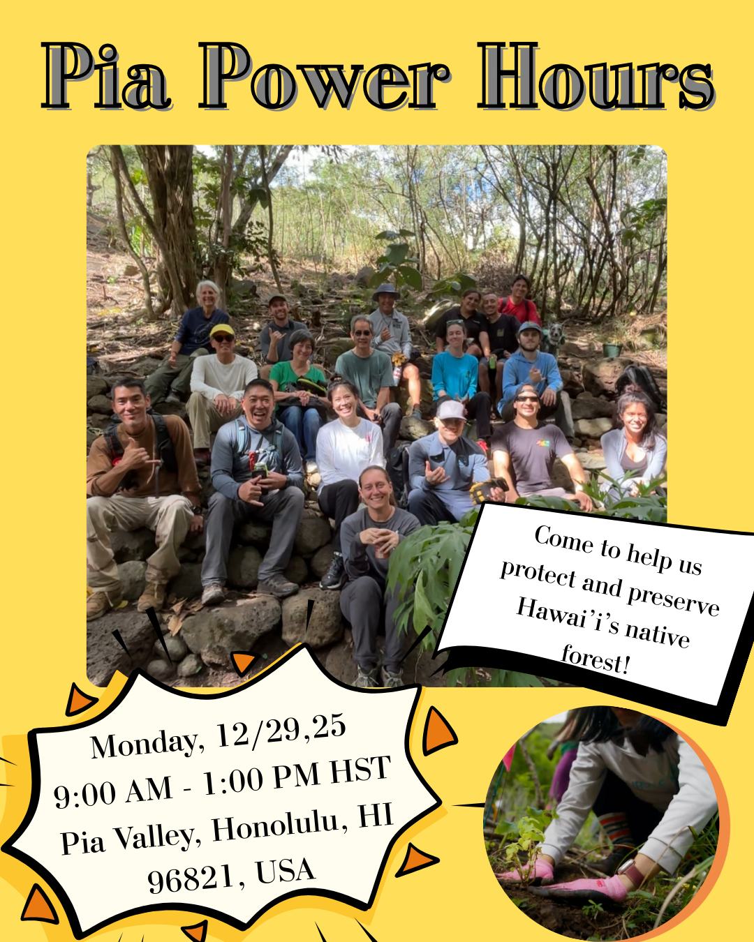 Join us next Monday for Pia Power Hours, a hands-on opportunity to get outside and support conservation efforts! Learn and work alongside Chris Wong, our Conservation Manager, and take part in a variety of important restoration activities.
Dec 29, 2025, 9:00 AM – 1:00 PM HST
Pia Valley, Honolulu, HI 96821, USA
Meet us in the cul de sac at the end of Anolani St (21°17'31.8"N 157°44'27.3"W)
https://wix.to/ndeSkQj
#hawaii #nativeforest #restoration #volunteer #mālama'āina #rsvpnow #savethedate