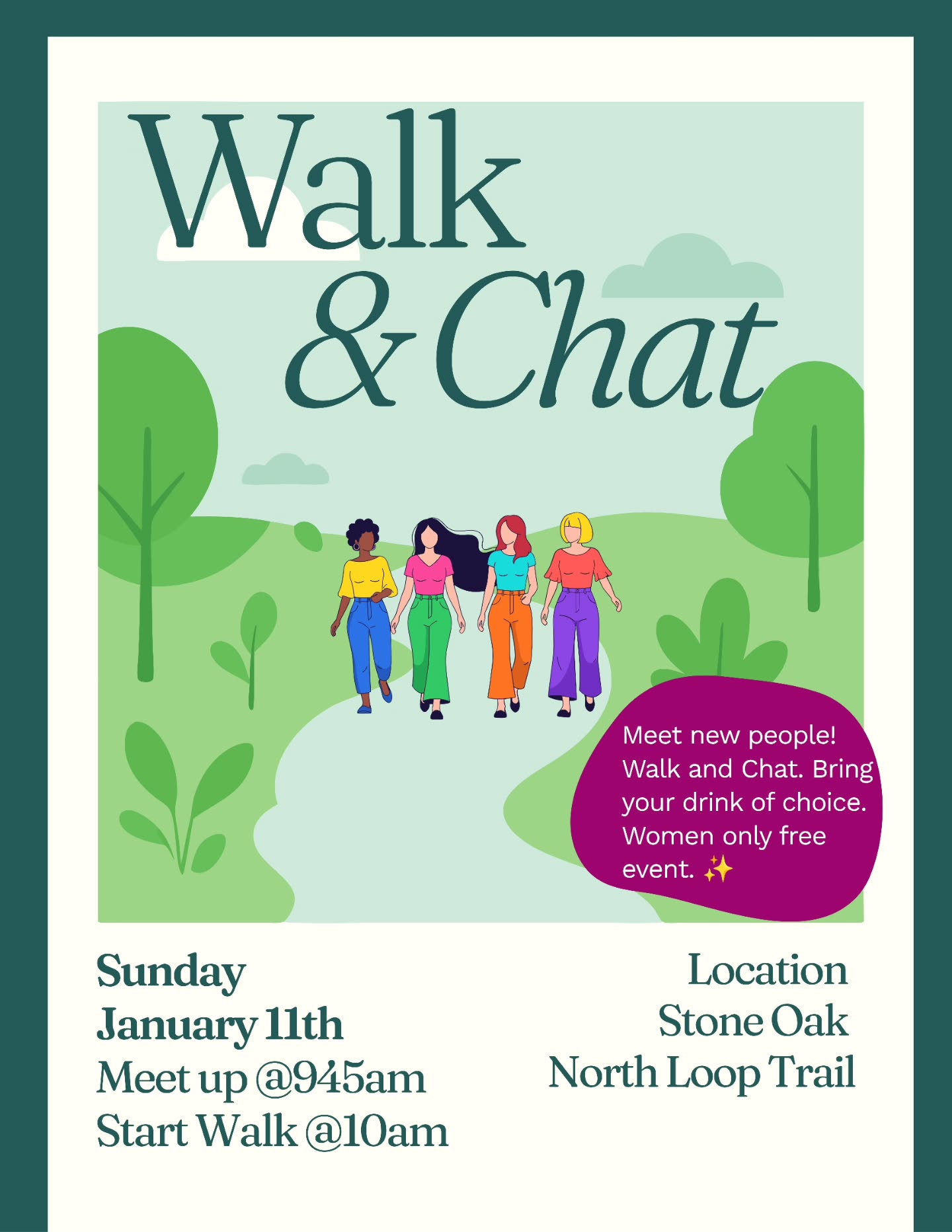 ✨ Walk & Chat — first link-up of the year. Bring a friend, bring your drink, let’s get outside.🌿 Starting the year with fresh air, good convo, and a little girl time.