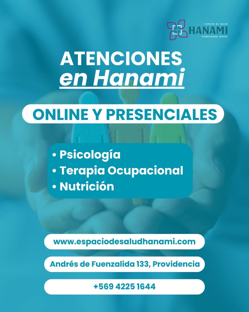 🌸 Atenciones en Hanami 🌸
En Hanami ofrecemos un acompañamiento integral en salud y bienestar, con atenciones presenciales y online, adaptadas a tus necesidades.
🏡 Atención presencial
Psicología · Terapia Ocupacional · Nutrición
💻 Atención online
Psicología · Terapia Ocupacional · Nutrición
🗓 Reserva de horas
Agenda tu atención escribiéndonos por mensaje directo o a través de nuestros canales de contacto.
Tu bienestar es un proceso, y en Hanami estamos para acompañarte 🌿
#Hanami #SaludIntegral #Psicología #TerapiaOcupacional #Nutrición #AtencionesOnline #AtencionesPresenciales #Bienestar