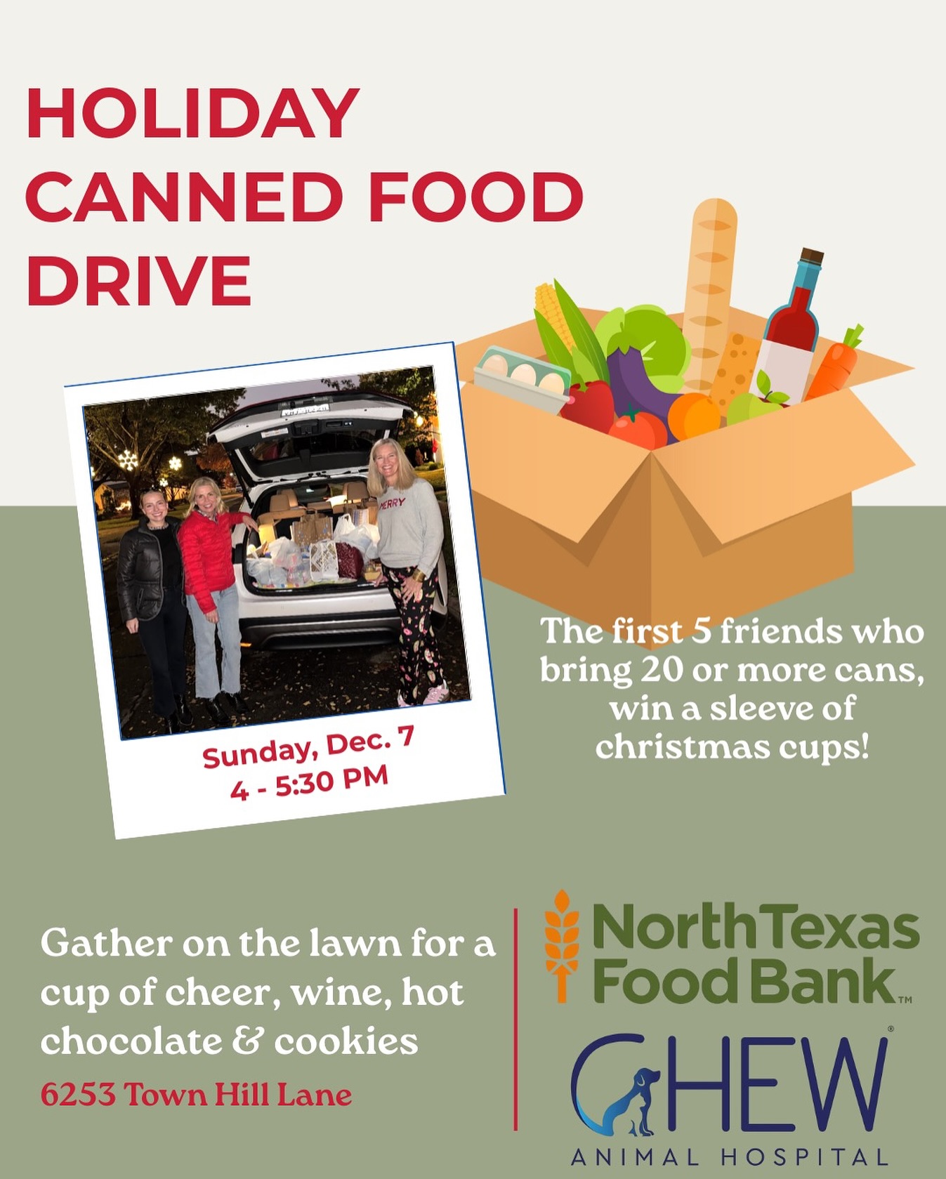 Extra cans this Thanksgiving? Come by our Annual Canned Food Drive Dec 7th! Benefitting North Texas Food Bank and CHEW Animal Clinic. 🦃🐕🥫