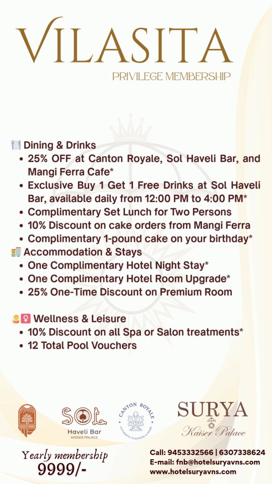Our Vilasita memberships just got an upgrade. Now you enjoy 50%off at Sol bar on drinks from 12-4pm. Discount on customised cakes and discounts on our brand new spa. More details on www.hotelsuryavns.com/membership