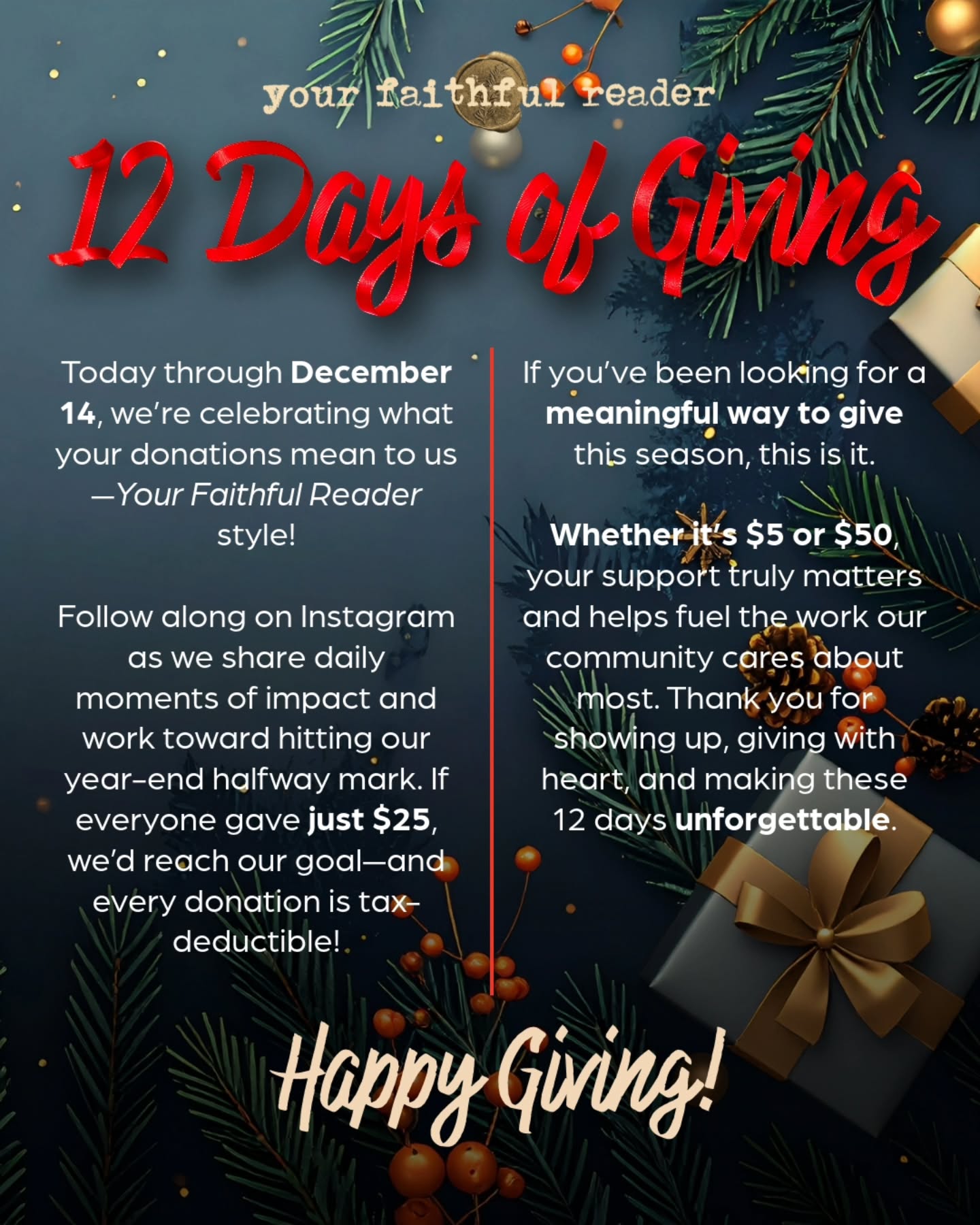 Today through December 14, we’re celebrating what your donations mean to us—Your Faithful Reader style! 🎄
Follow along on Instagram as we share daily moments of impact and work toward hitting our year-end halfway mark. If everyone gave just $25, we’d reach our goal—and every donation is tax-deductible! ⛄️
If you’ve been looking for a meaningful way to give this season, this is it.
Whether it’s $5 or $50, your support truly matters and helps fuel the work our community cares about most. Thank you for showing up, giving with heart, and making these 12 days unforgettable. 🌟
Happy Giving!
#yourfaithfulreader #givingtuesday #independenttheater