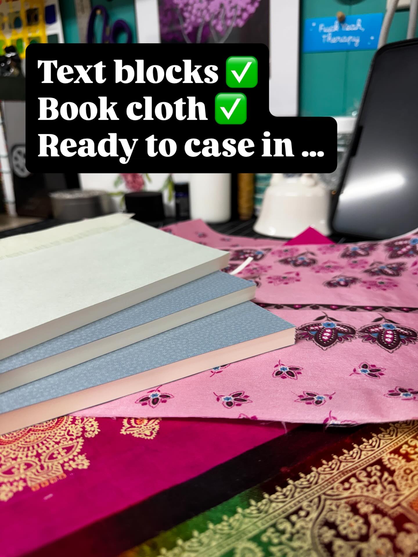 Text blocks are lined and trimmed (god love a guillotine cutter), book cloth is made and ready (and GORGEOUS). Ready to case in.
#arttherapy #bookmaking