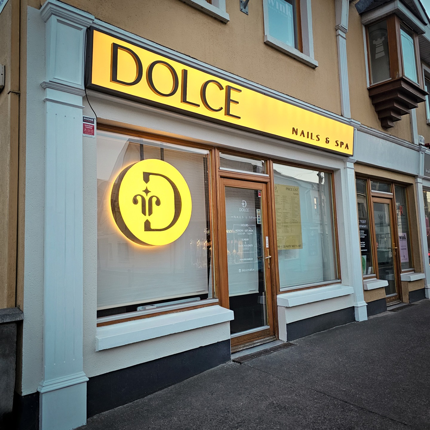 It is wonderful to see Dolce Nails & Spa lighting up the street in Naas. This project focused on creating a warm and cohesive exterior through our Custom Fabrication & Assembly.
The complete branded environment includes:
Fully illuminated custom fascia
Large projecting sign suspended in the main window
Price list board and window decals
Opening hours door decal
Thank you to the @dolcenails.ie team for choosing Brandmark Signs as your partner. We wish you every success with the new salon.
📍 Naas, Kildare
#BrandmarkSigns #Naas #Kildare #ShopfrontDesign #IlluminatedSignage #SignageIreland #SalonDesign #RetailBranding #BusinessBranding #KildareBusiness #SignMakerDublin #CustomSignage #DolceNailsAndSpa