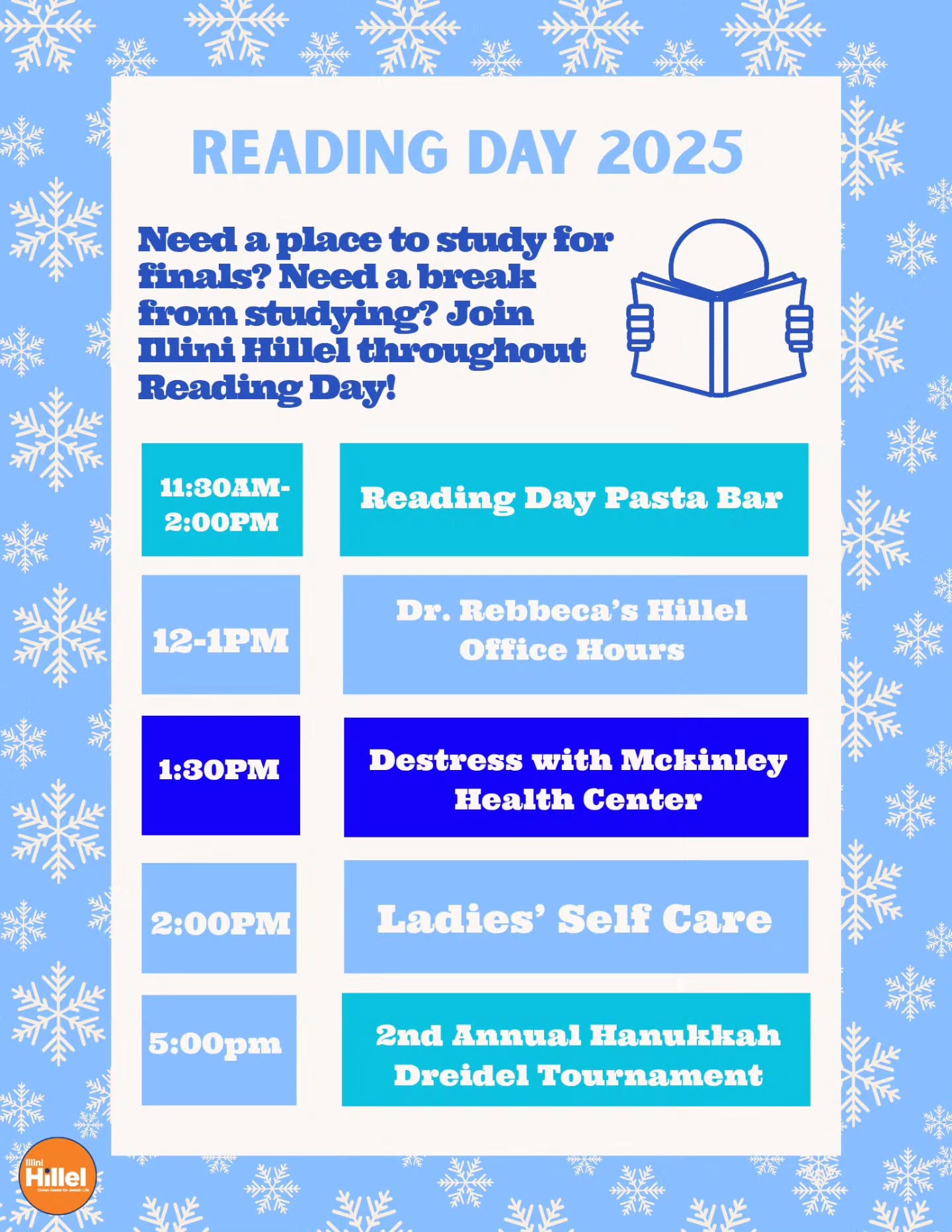Reading Day is Here!!
Join us today in the building for a study break, study place, snack and more!
