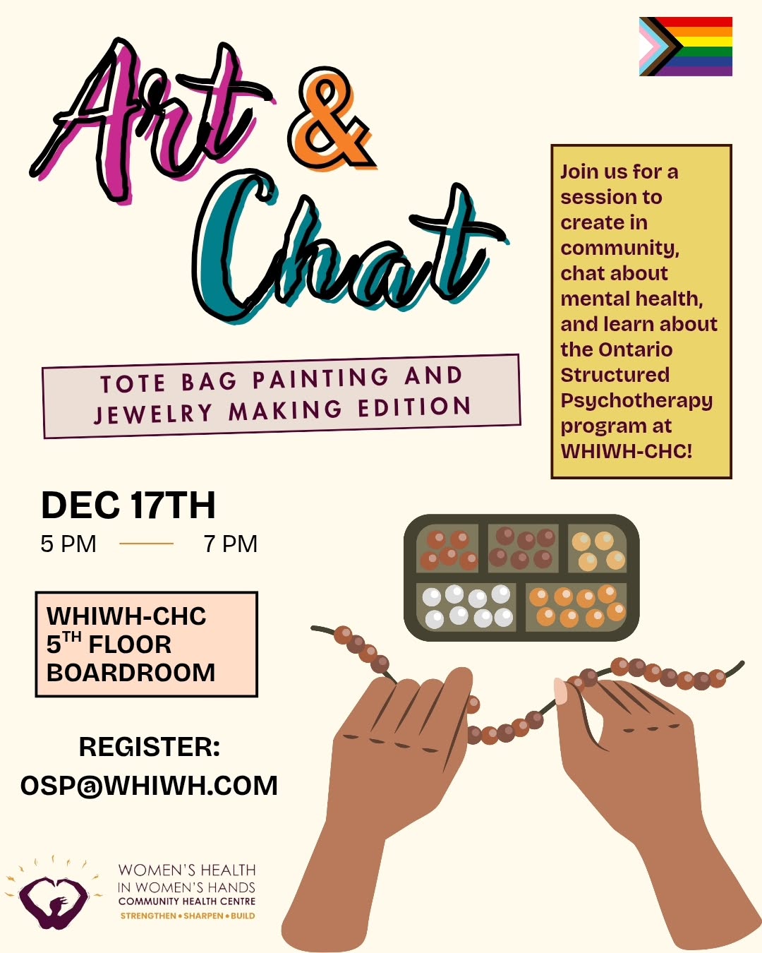 Are you creative? Care about mental health?
Then this is for you!
Join us at Women's Health in Women's Hands for Art and Chat, a creative space where artmaking meets meaningful conversation. Our next session is 5-7pm Wednesday December 17th 2025 in the 5th Floor Boardroom at WHIWH-CHC.
This month we will be tote bag painting, jewelry making, and learning more about the Ontario Structured Psychotherapy (OSP) Program, a mental health service at WHIWH-CHC that supports emotional well-being through guided therapy tools and resources.
Supplies and TTC tickets provided, just bring yourself!
Register today: osp@whiwh.com or 647-881-4716
Spaces are limited, so don't delay!
#whiwh #whiwhosp #whiwhartandchat